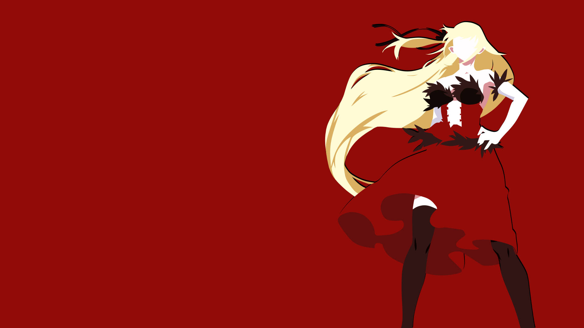Monogatari 桌布 壁紙 — 一個風格化的動漫女孩，擁有飄逸的金色頭髮和黑色標記，自信地站在純紅色背景前。