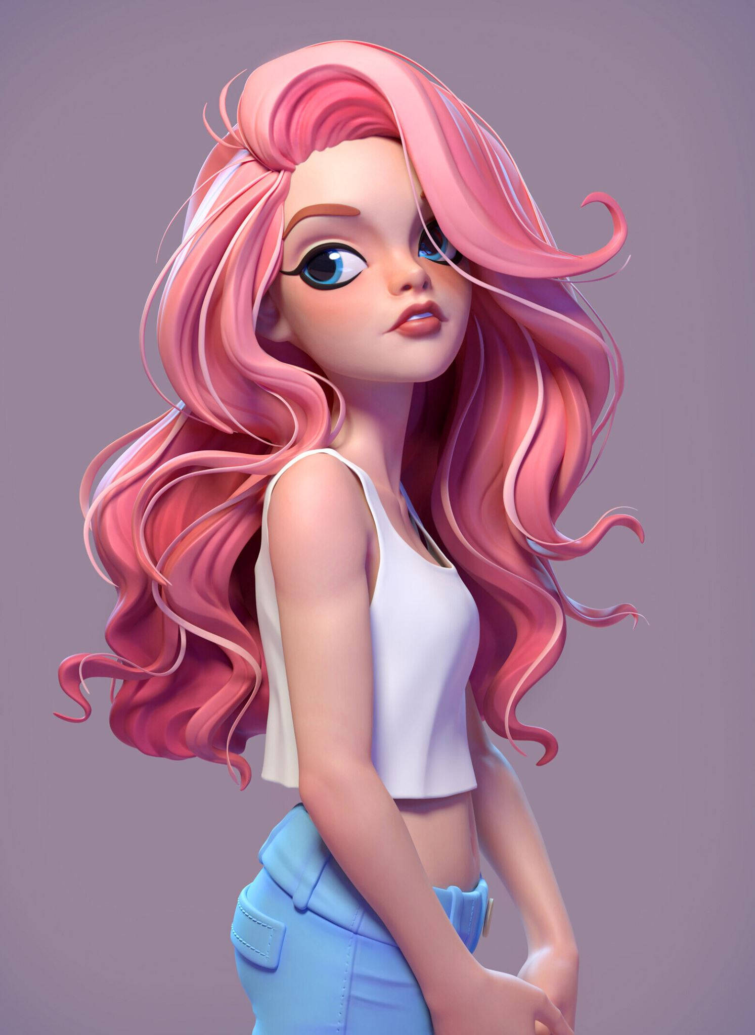 Cool Girl Cartoon 桌布 壁紙 — 一個風格化的動漫女孩，擁有飄逸的粉紅色頭髮和藍色眼睛，穿著白色上衣和藍色牛仔褲，背景是柔和的紫色。
