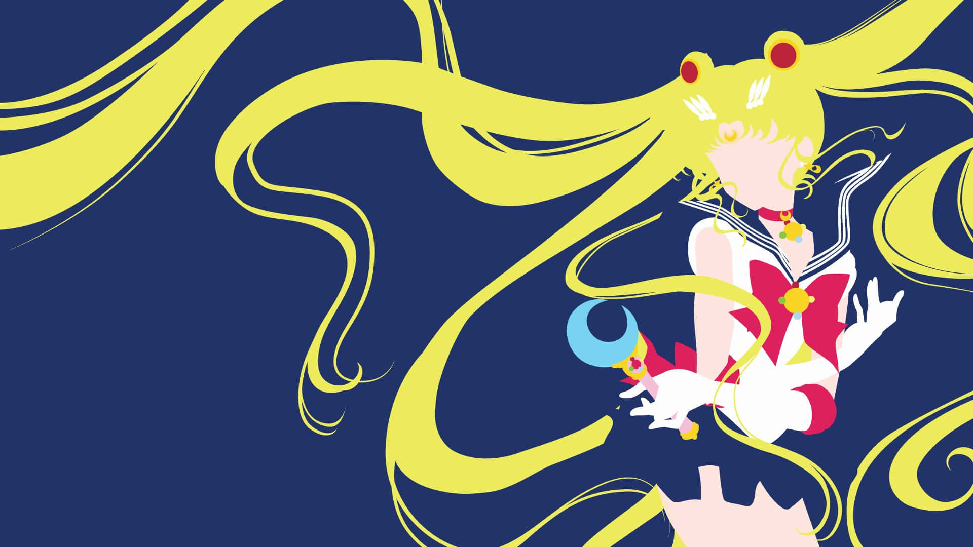 sailor moon crystal 桌布 壁紙 — 一個風格化的動漫女孩，擁有飄逸的黃色頭髮和水手服，在深藍色背景前動態擺姿勢。