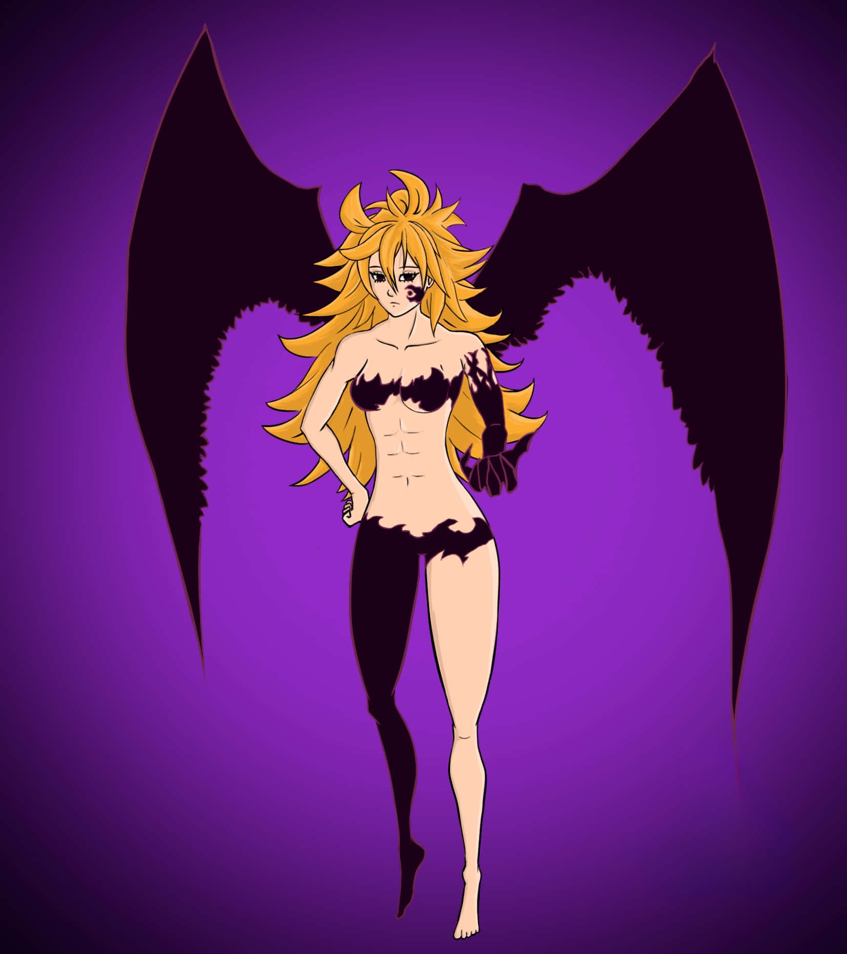 Seven Deadly Sins Derieri 桌布 壁紙 — 一個風格化的動漫女孩，有著尖刺金髮和黑色蝙蝠翅膀，自信地站在純紫色背景前。