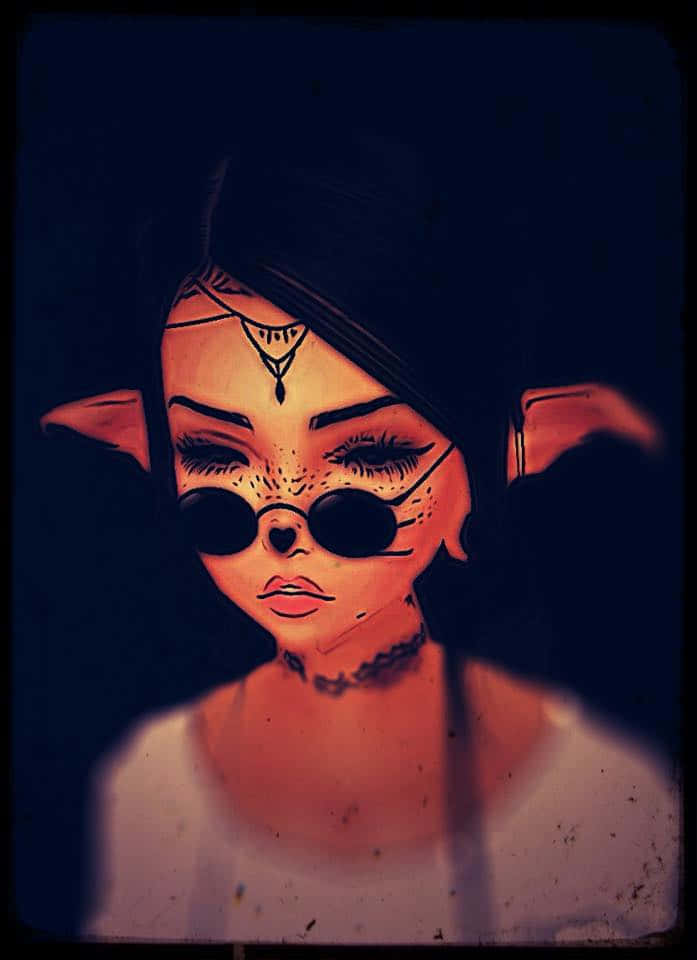 imvu 桌布 壁紙 — 一個風格化的動漫女孩，有著尖耳朵和深色太陽眼鏡，在深藍色背景前向前凝視。