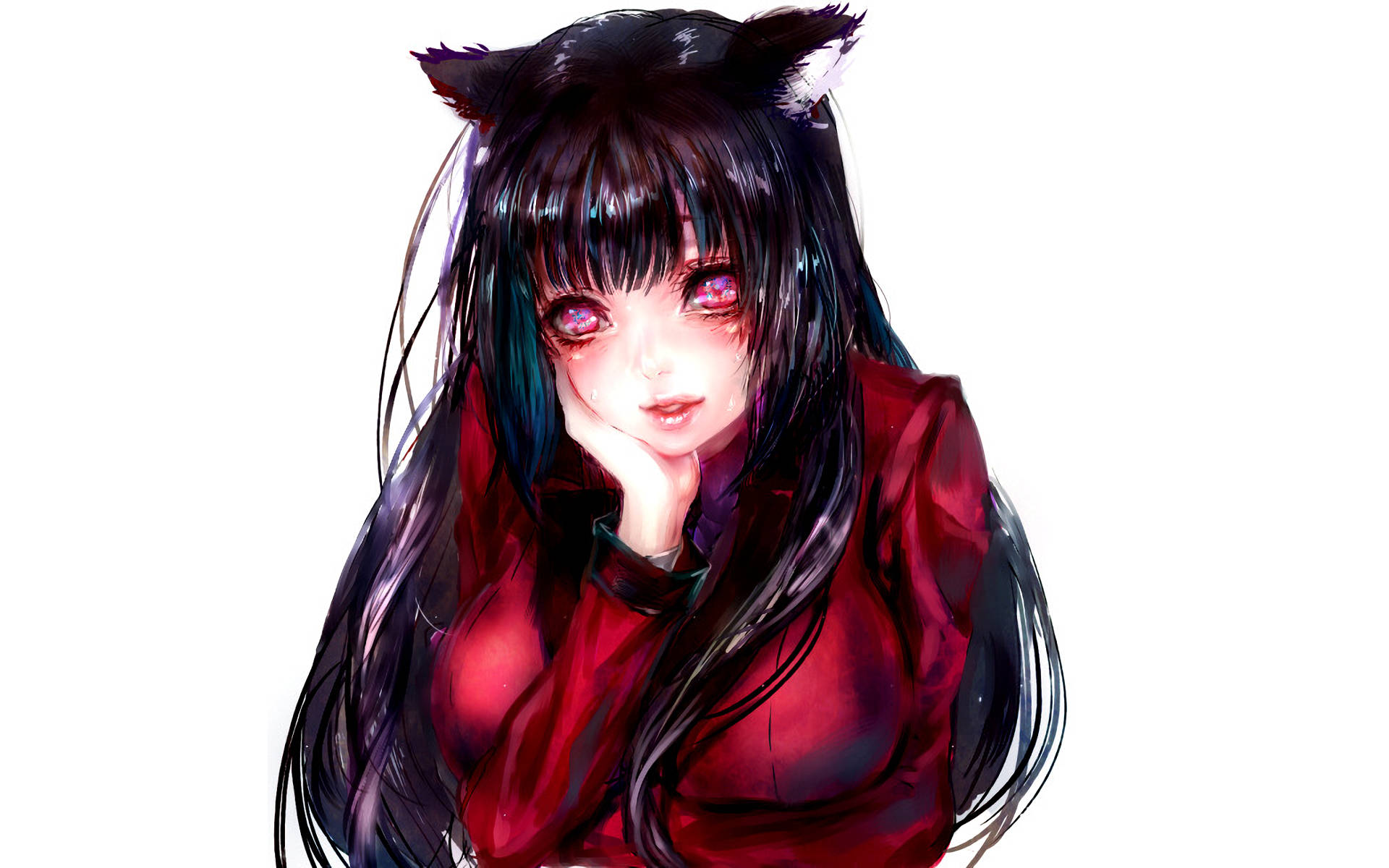 Kakegurui 桌布 壁紙 — 一個風格化的動漫女孩，有黑色貓耳和發光的紅眼睛，在純白背景上將下巴擱在手上。