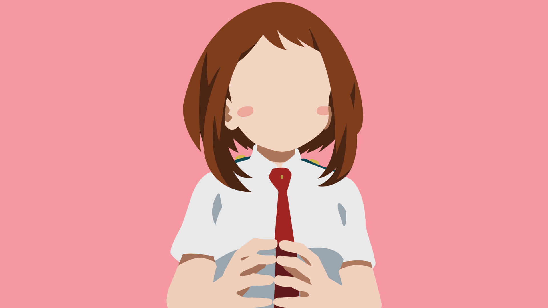 我的英雄學院 桌布 壁紙 — 一個風格化的動漫女孩，棕色頭髮和紅色領帶，在柔和的粉紅色背景前拿著手機。