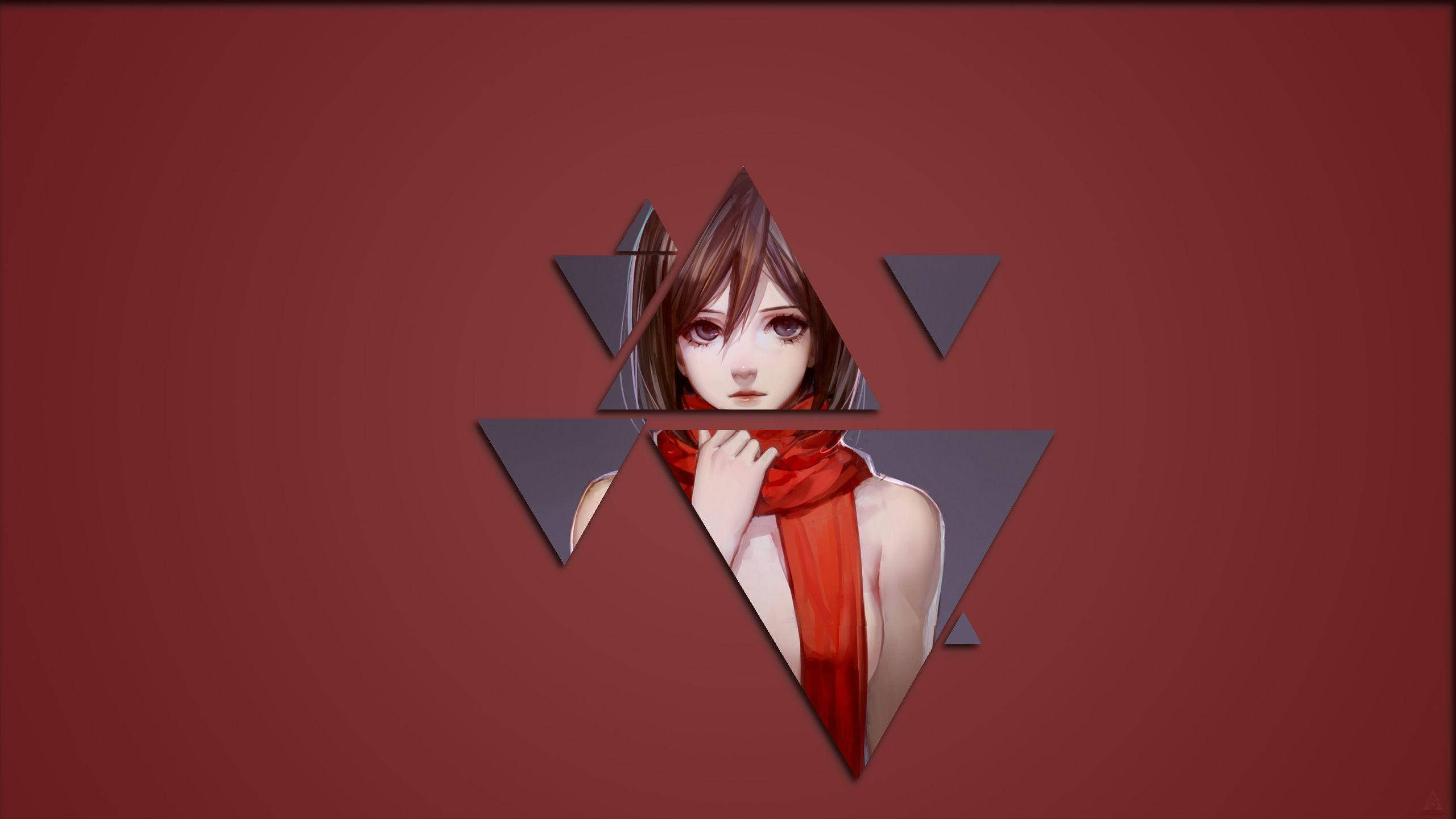 Mikasa 桌布 壁紙 — 一個風格化的動漫女孩，棕色頭髮和紅色圍巾，被幾何三角形框在深紅色背景上。