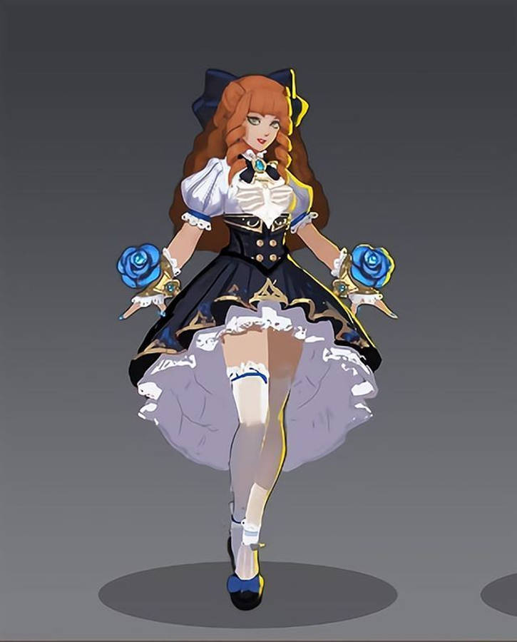 Guinevere 桌布 壁紙 — 一個風格化的動漫女孩，橙色頭髮，手中拿著藍色玫瑰，穿著黑白連衣裙，在灰色背景前擺姿勢。