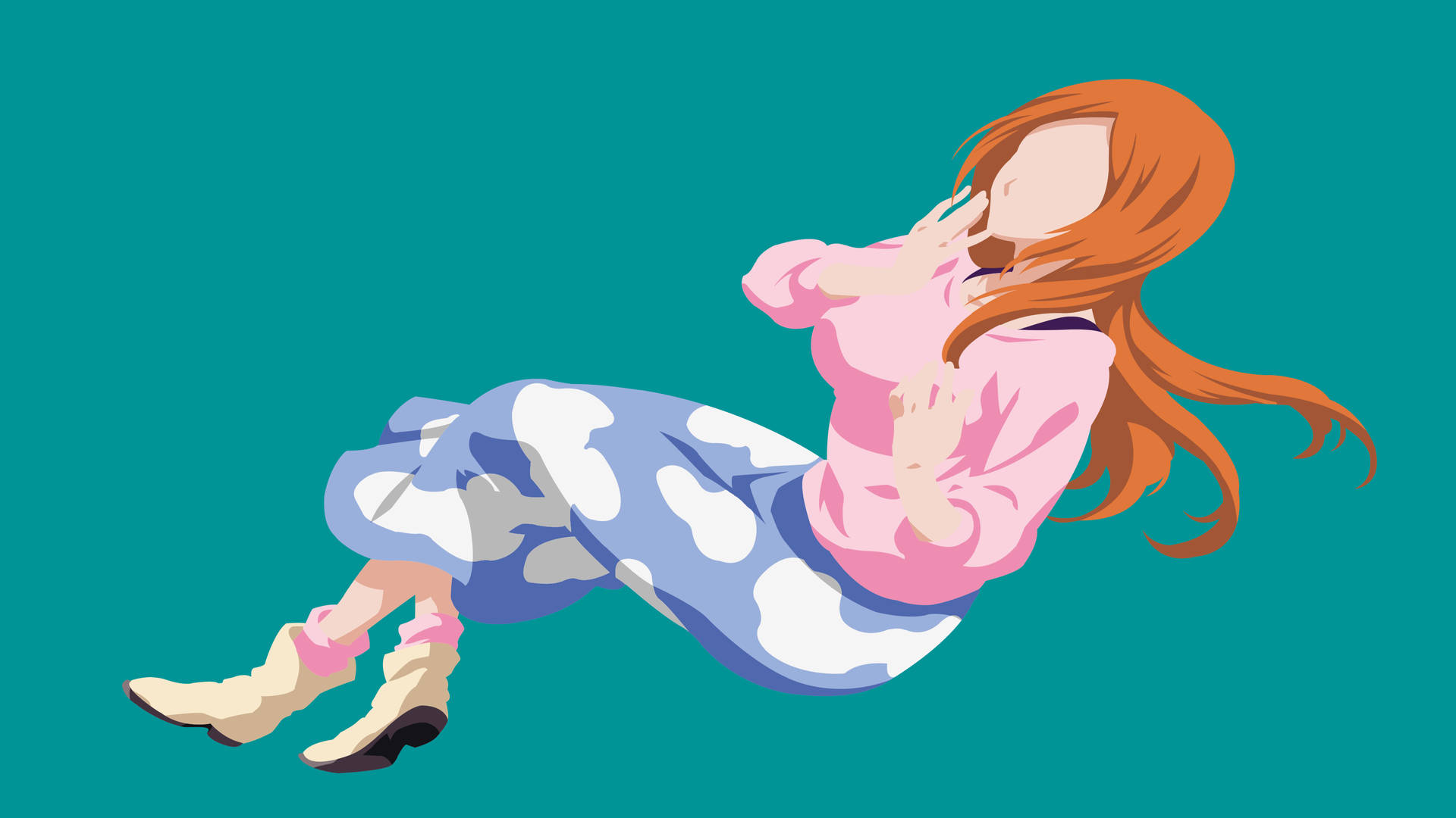 動漫女孩橙色頭髮，穿著粉紅色上衣和藍色裙子，坐在青綠色背景前。