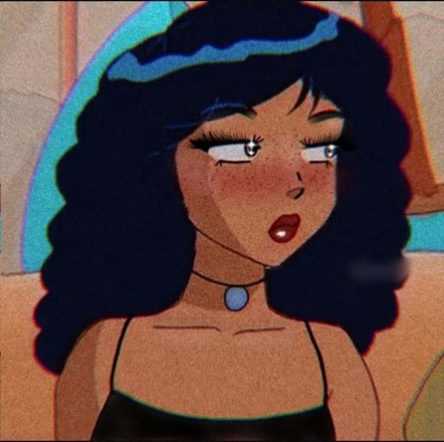 Baddie Profile 桌布 壁紙 — 一個風格化的動漫女孩，深色捲髮和藍色頭帶，側視時露出驚訝的表情。