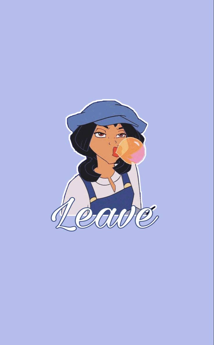美學 桌布 壁紙 — 一個風格化的動漫女孩，深色頭髮，戴藍色貝雷帽，在純薰衣草背景上吹粉紅色泡泡糖泡泡。