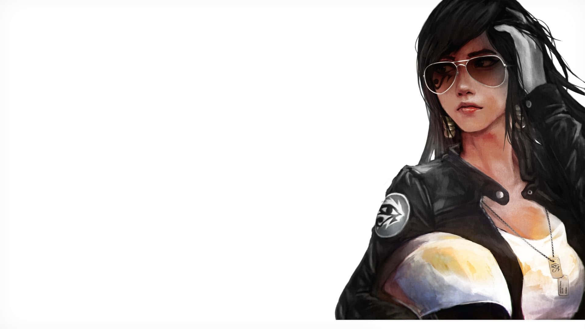 Overwatch Pharah 桌布 壁紙 — 一個風格化的動漫女孩，深色頭髮，戴著飛行員太陽眼鏡，穿著黑色皮夾克，背景是純白色。