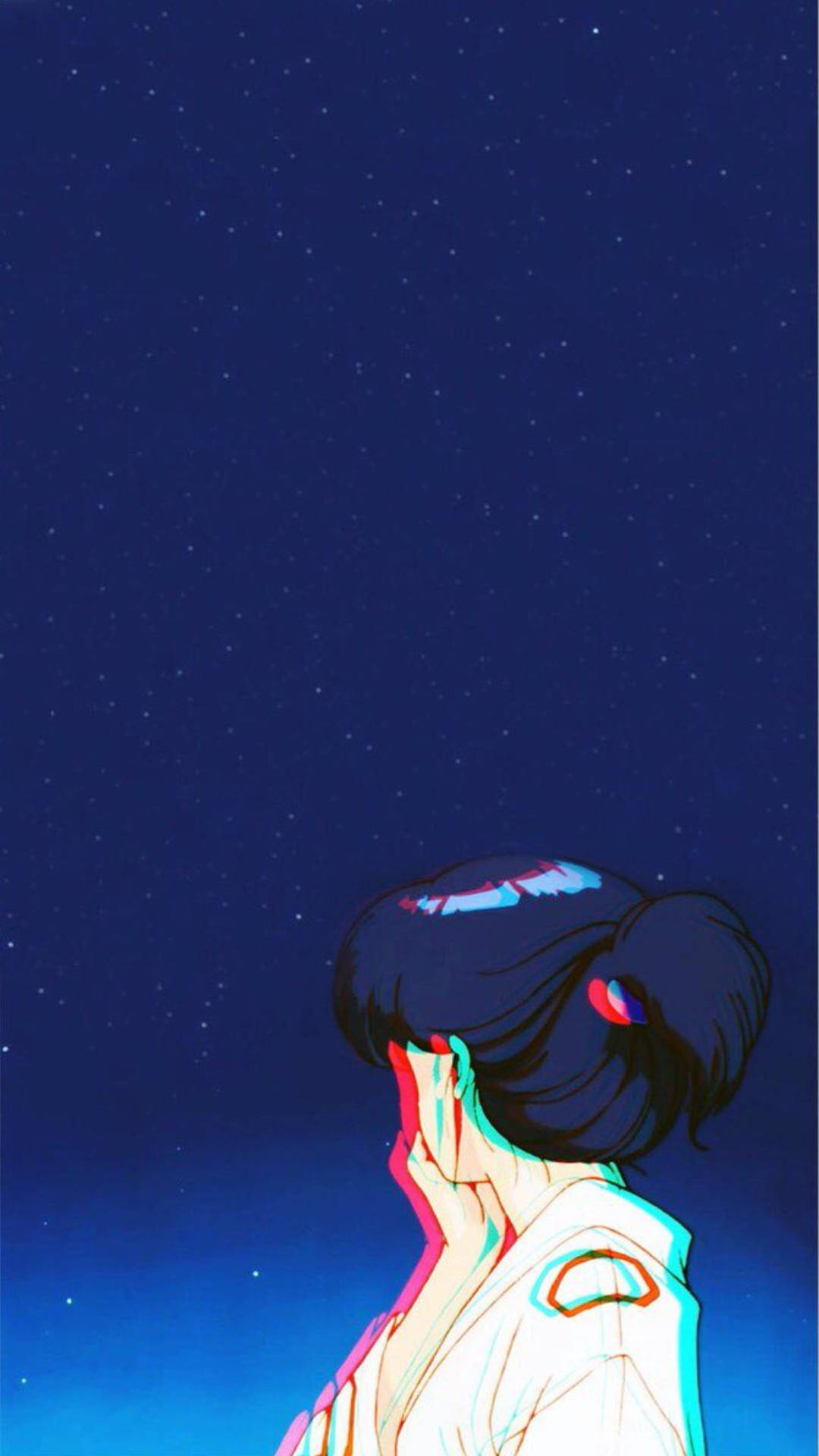 動漫女孩 桌布 壁紙 — 一個風格化的動漫女孩，深色頭髮，仰望星空，帶有鮮豔的色差效果。