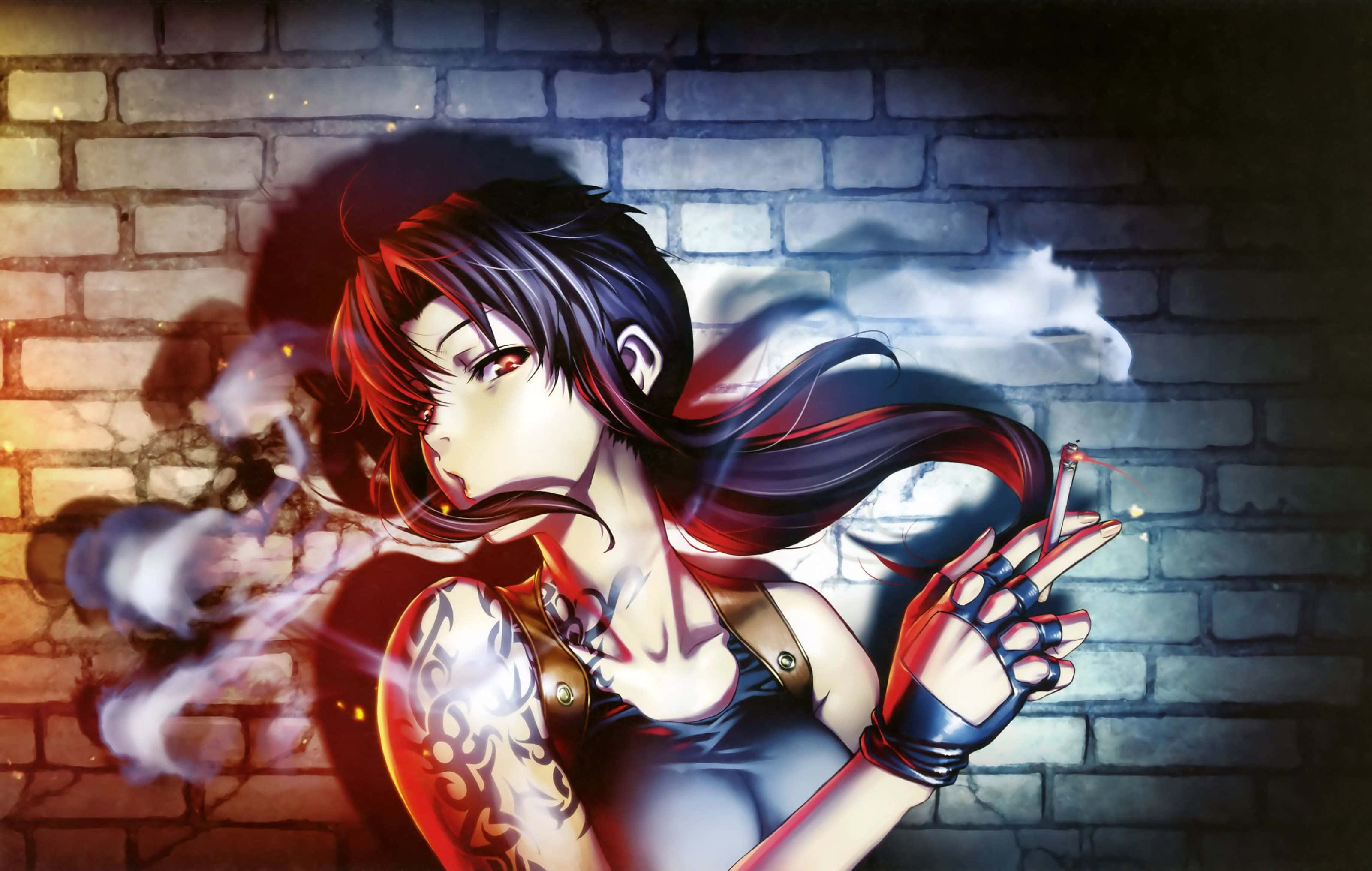 超殺 桌布 壁紙 — 一個風格化的動漫女孩，深色頭髮和刺青，靠著磚牆抽煙，煙霧發光。