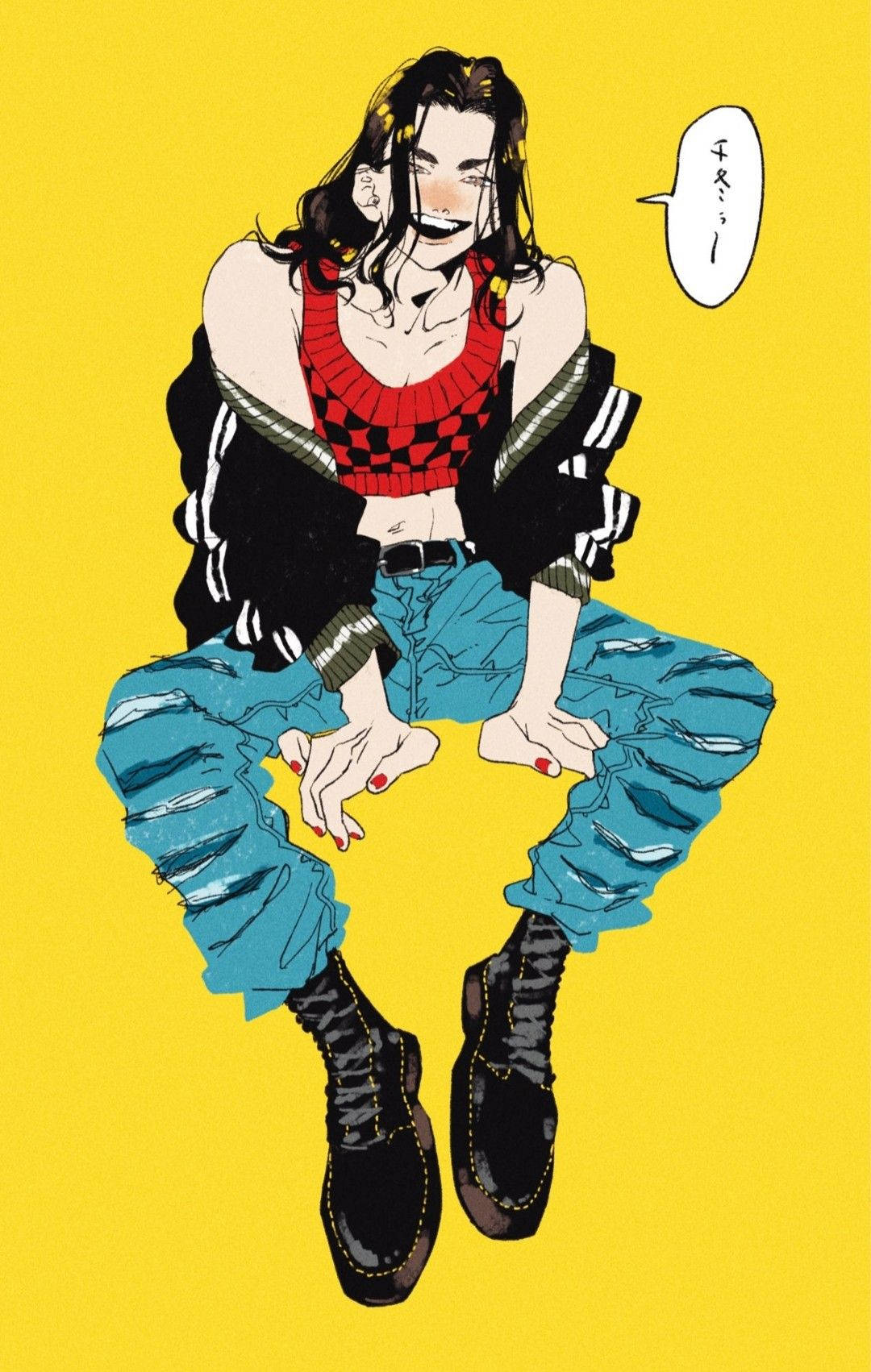 Baji 桌布 壁紙 — 一個風格化的動漫女孩，深色頭髮和紅色指甲，盤腿坐在明亮的黃色背景前，穿著紅色格紋上衣和破洞藍色牛仔褲。