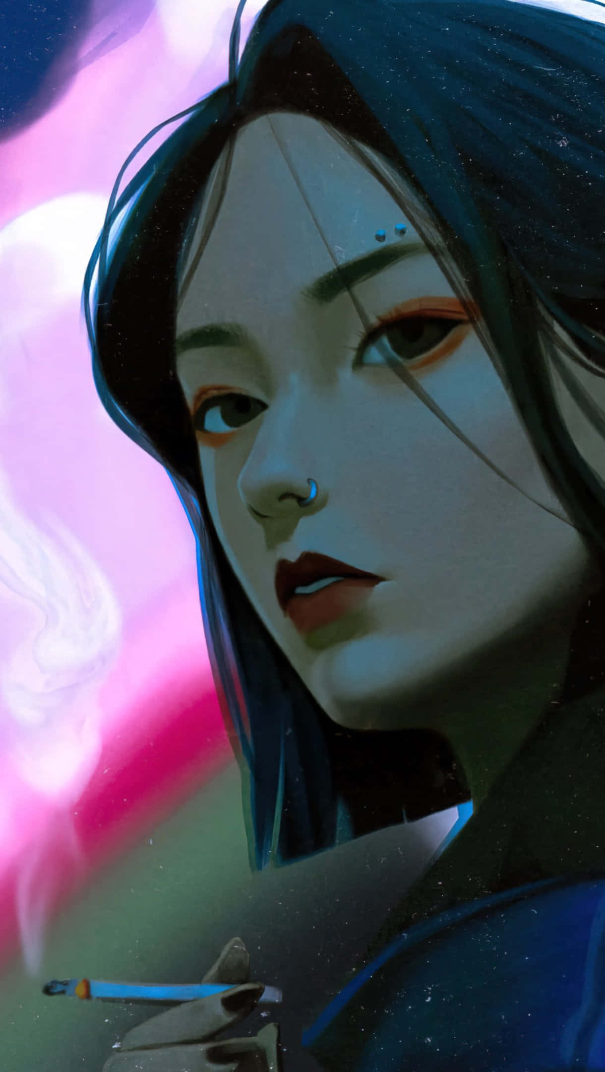 Painting 桌布 壁紙 — 一個風格化的動漫女孩，深色頭髮和橙色眼睛，在充滿活力的粉紅色和藍色宇宙背景下抽煙。