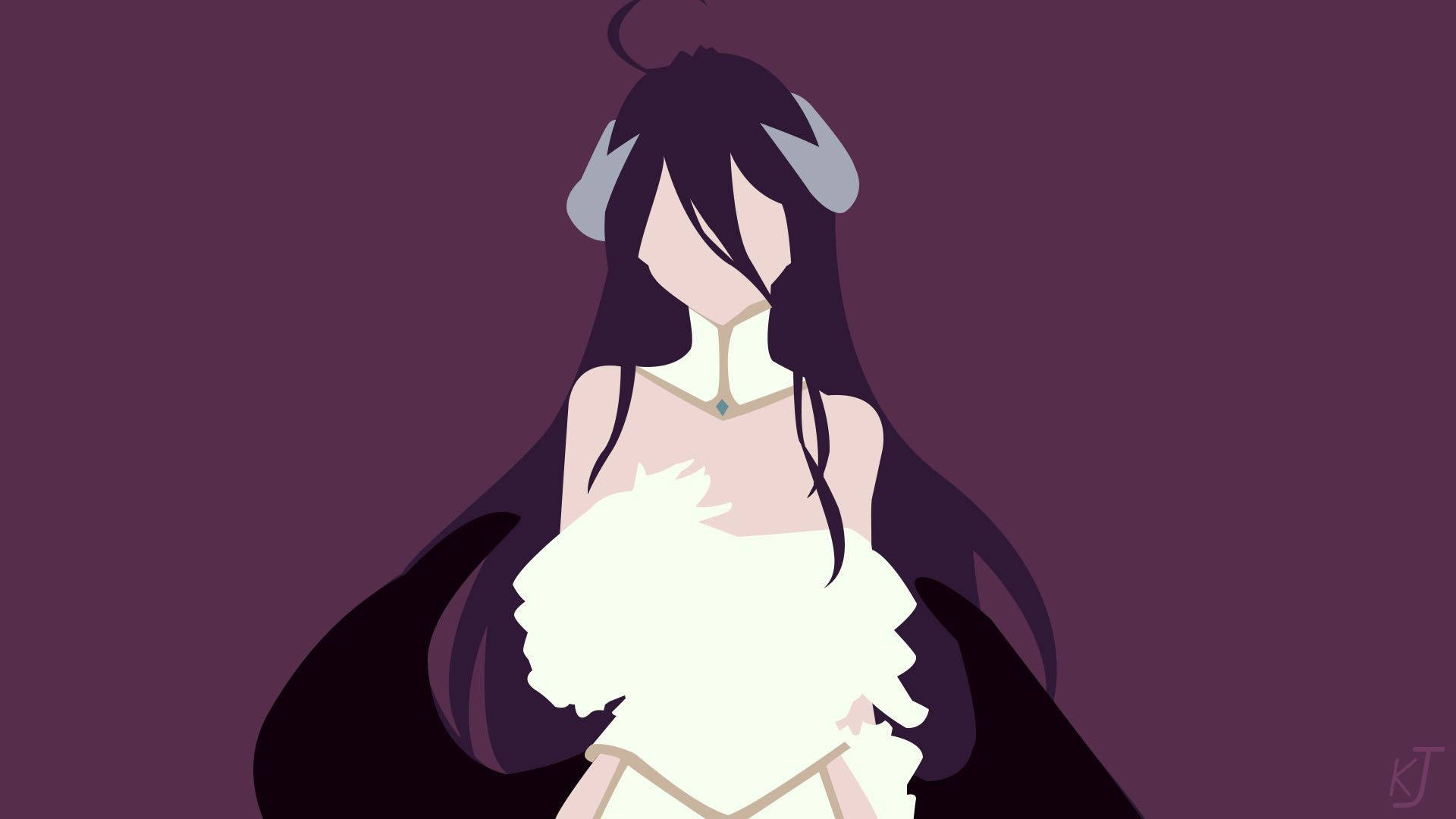 Minimalist Anime 桌布 壁紙 — 一個風格化的動漫女孩，深色頭髮和角，穿著白色連衣裙，背景是深紫色。