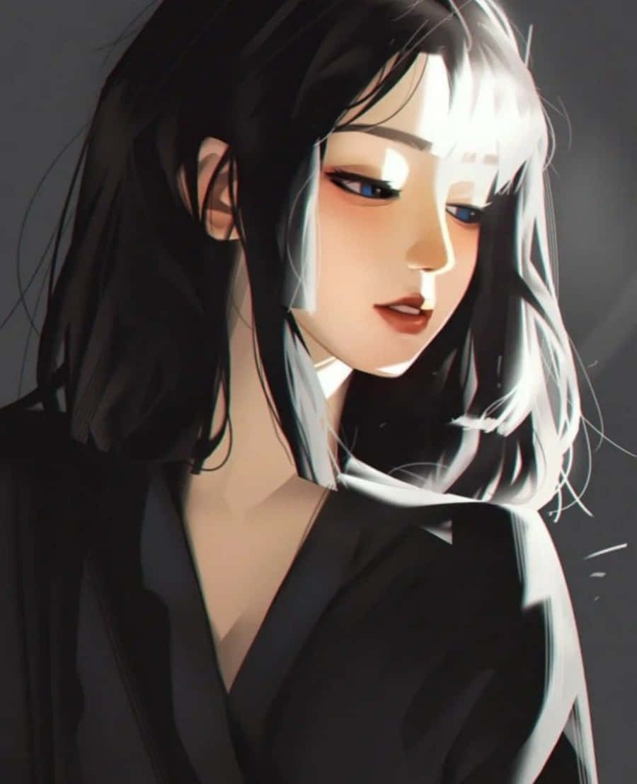 Aesthetic Anime Profile 桌布 壁紙 — 一個風格化的動漫女孩，深色頭髮和引人注目的藍色眼睛，在柔和、戲劇性的燈光下向下凝視。