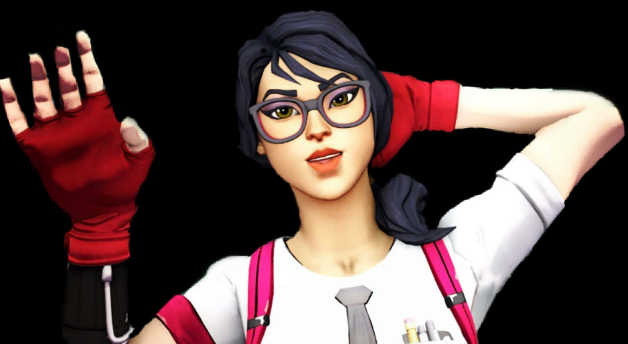 Fortnite Character 桌布 壁紙 — 一個風格化的動漫女孩，深色頭髮戴眼鏡，在黑色背景前穿著白色襯衫、粉紅色吊帶和紅色手套，愉快地揮手。