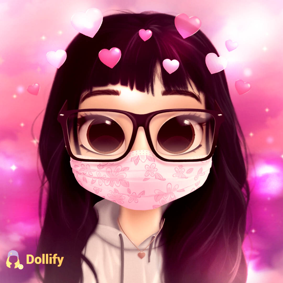 Dollify 桌布 壁紙 — 一個風格化的動漫女孩，深色頭髮戴著眼鏡，戴著花卉粉紅色口罩，心形在她周圍漂浮在發光的粉紅色背景中。