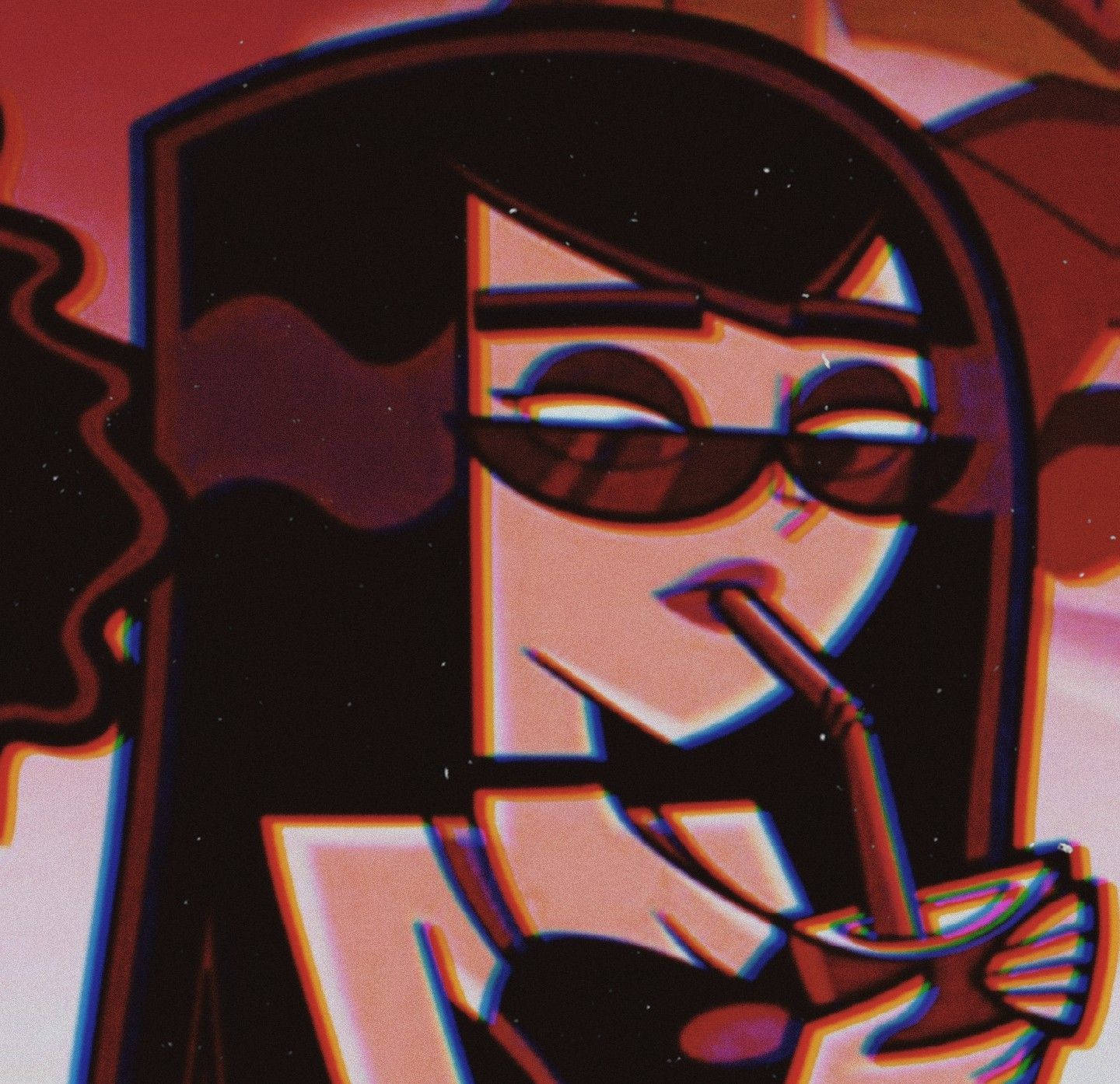 Profile 桌布 壁紙 — 一個風格化的動漫女孩，深色頭髮戴著太陽眼鏡，在發光的粉紅色和橙色背景前用吸管啜飲飲料。