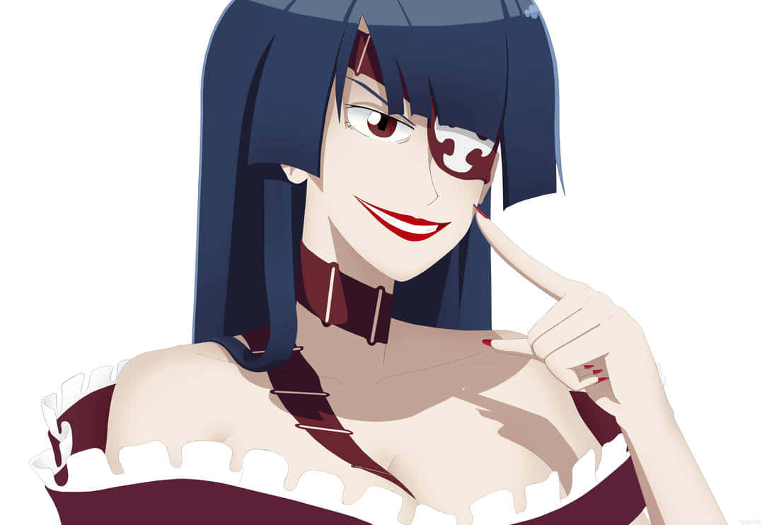 Gurren Lagann Adiane 桌布 壁紙 — 一個風格化的動漫女孩，深藍色頭髮和紅色標記，微笑著指著臉頰，背景是純白色。
