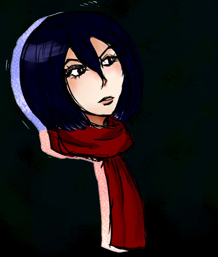 Mikasa Ackerman 桌布 壁紙 — 一個風格化的動漫女孩，深藍色鮑伯頭和紅色圍巾，在黑暗背景下專注地凝視。