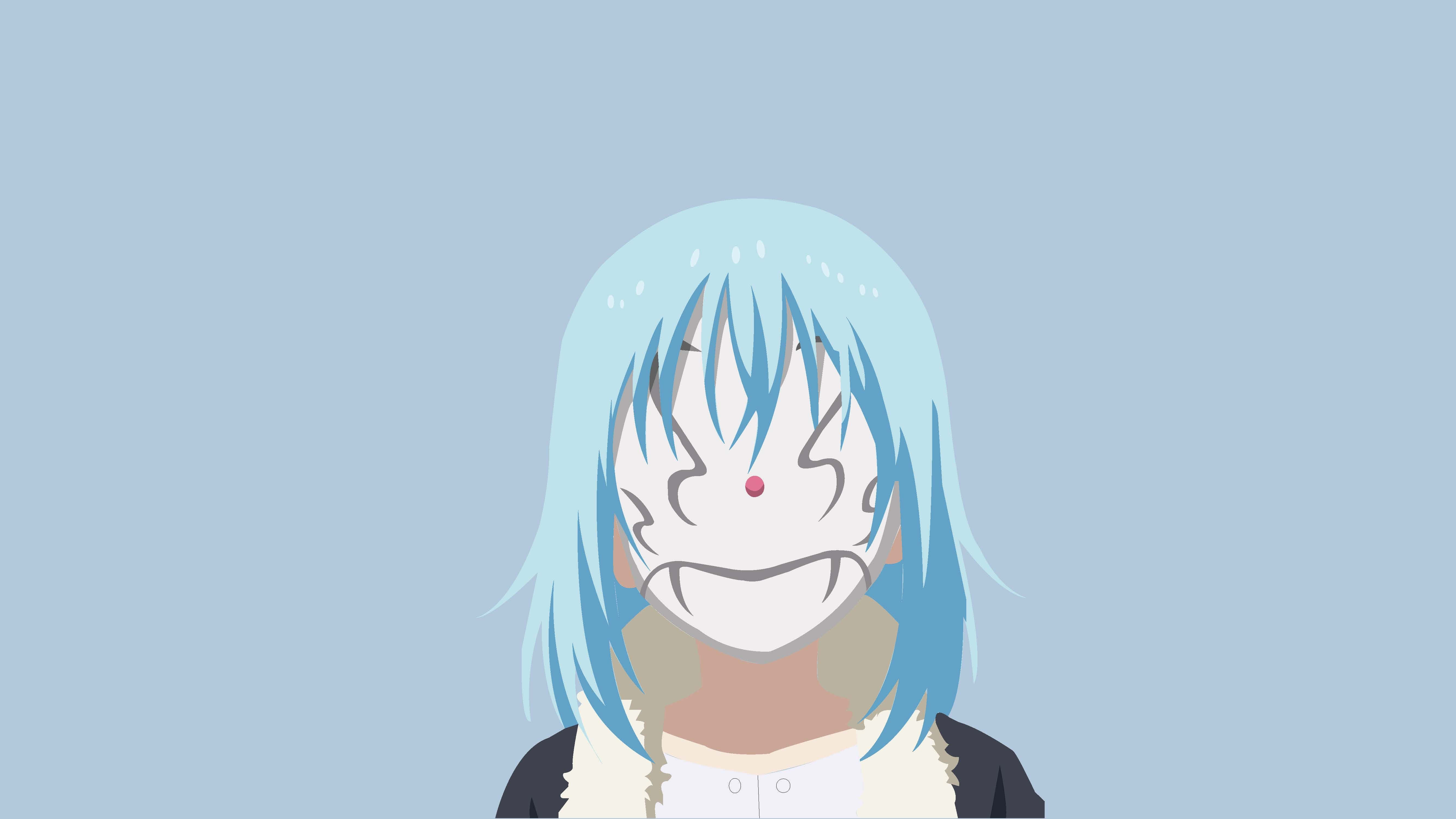 That Time I Got Reincarnated As A Slime 桌布 壁紙 — 一個風格化的動漫女孩，淺藍色頭髮，咧嘴露出牙齒的笑容，背景是純淺藍色。