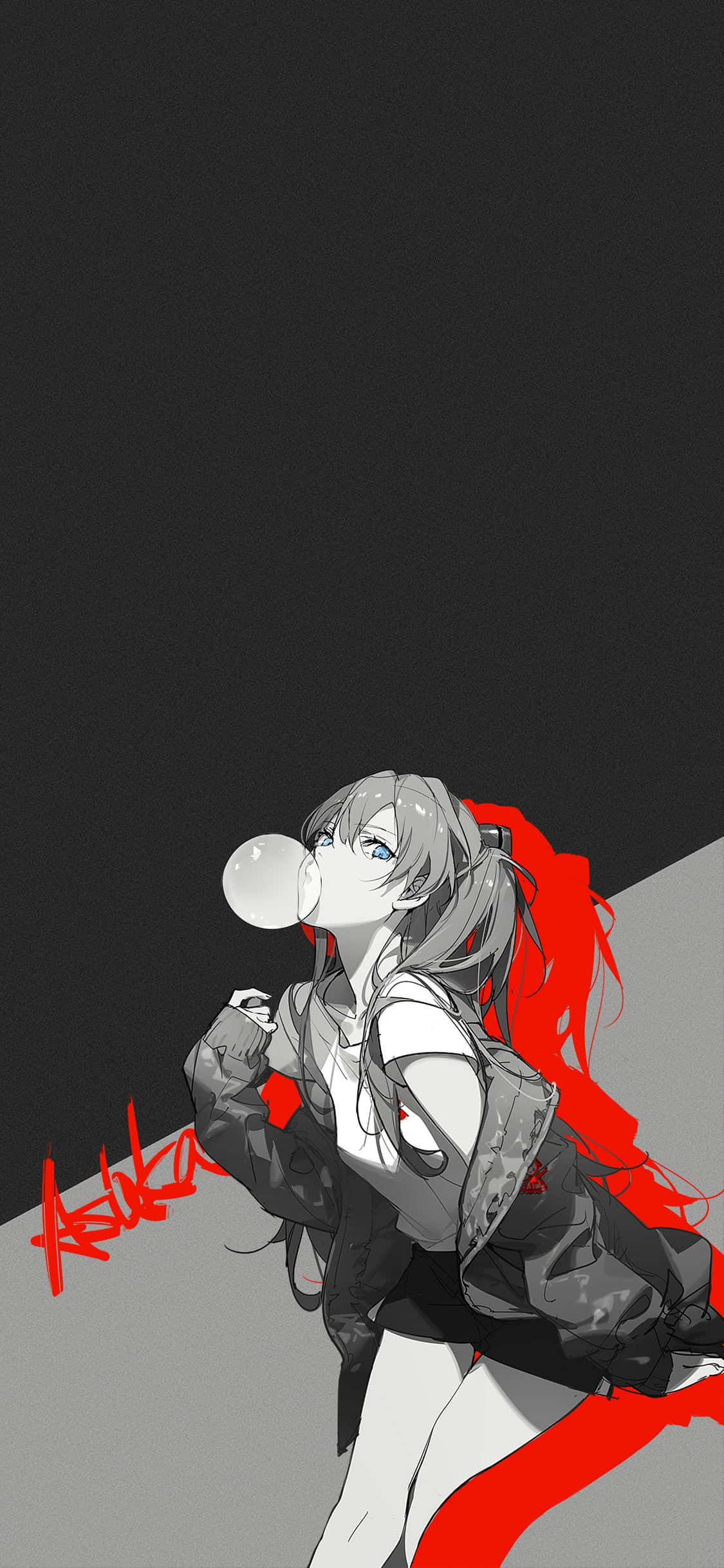 Asuka Langley Soryu 桌布 壁紙 — 一個風格化的動漫女孩，灰色頭髮，在帶有醒目紅色點綴的純黑灰色背景下吹泡泡糖。