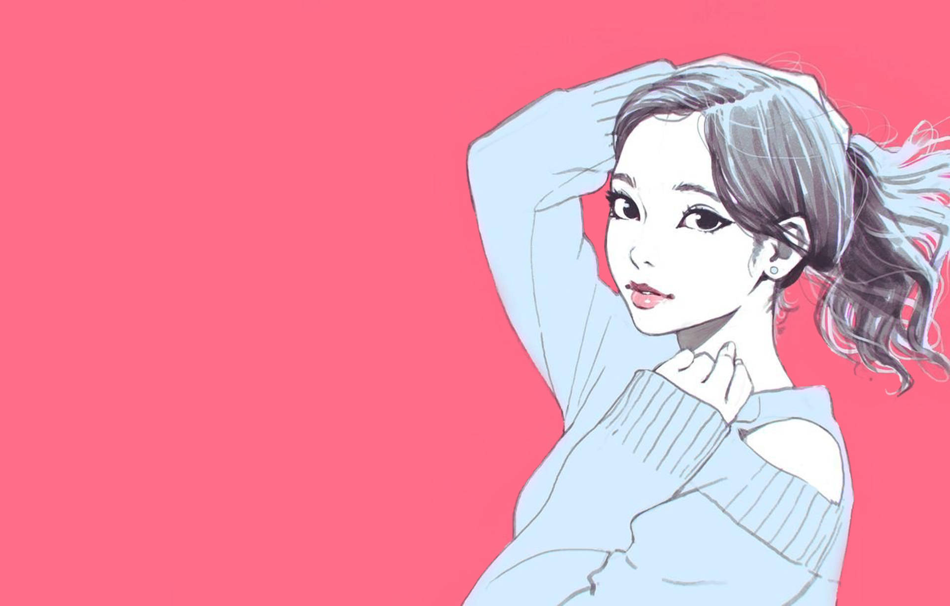 粉色動漫美學 桌布 壁紙 — 一個風格化的動漫女孩，灰色頭髮紮成馬尾，在純粉色背景前擺姿勢，穿著淺藍色毛衣。