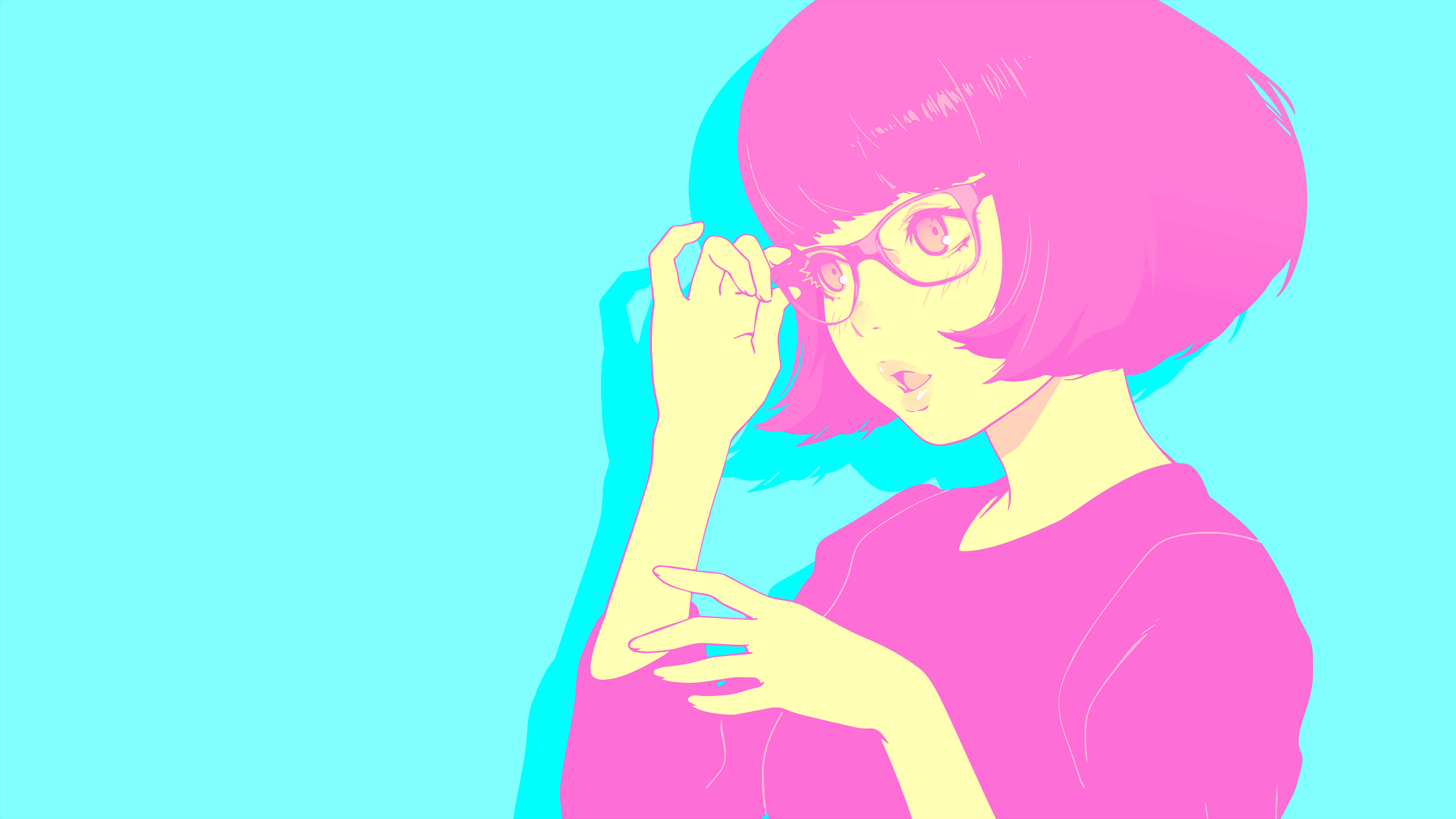 動漫女孩 桌布 壁紙 — 一個風格化的動漫女孩，留著粉紅色波波頭和戴眼鏡，在青色背景前調整眼鏡。