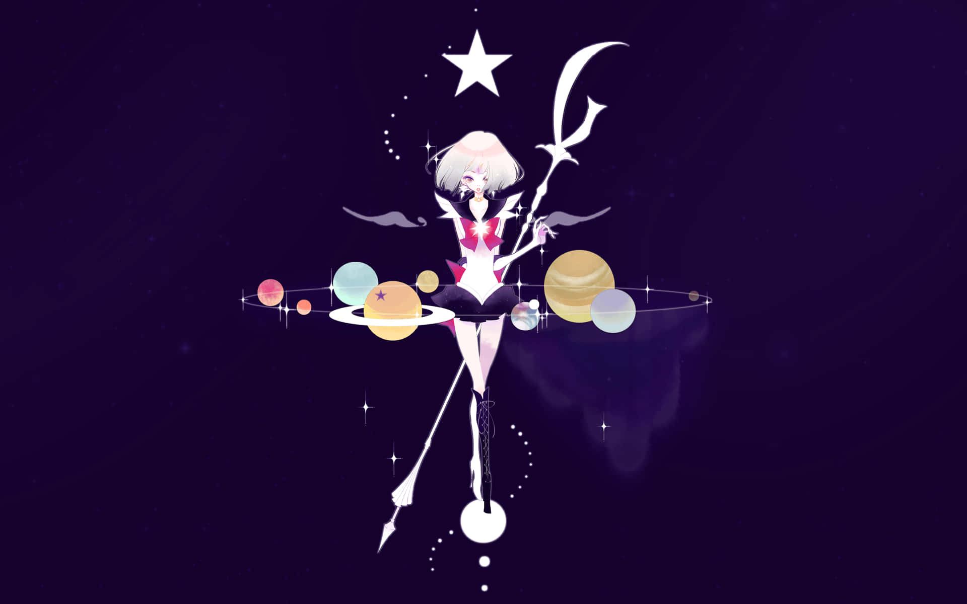 Sailor Moon Pattern 桌布 壁紙 — 一個風格化的動漫女孩，白色頭髮，在深紫色宇宙背景中漂浮於發光的行星和星星之間。