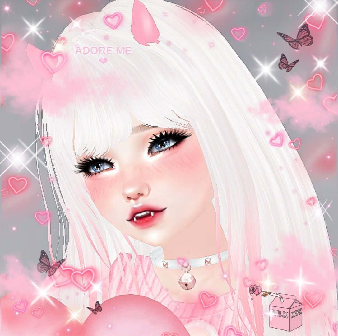 Cute Aesthetic Profile 桌布 壁紙 — 一個風格化的動漫女孩，白色頭髮和藍色眼睛，被粉紅色的心形、蝴蝶和閃光包圍。