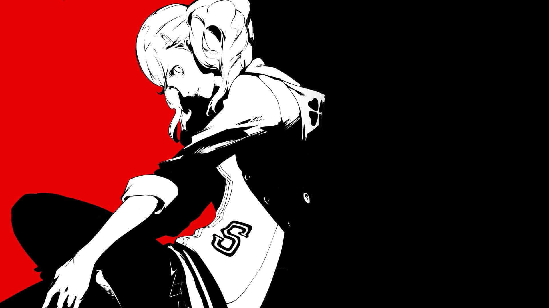 Persona 5 桌布 壁紙 — 一個風格化的動漫女孩，白色頭髮和連帽衫，靠著大膽的紅色背景，高對比度的黑白。