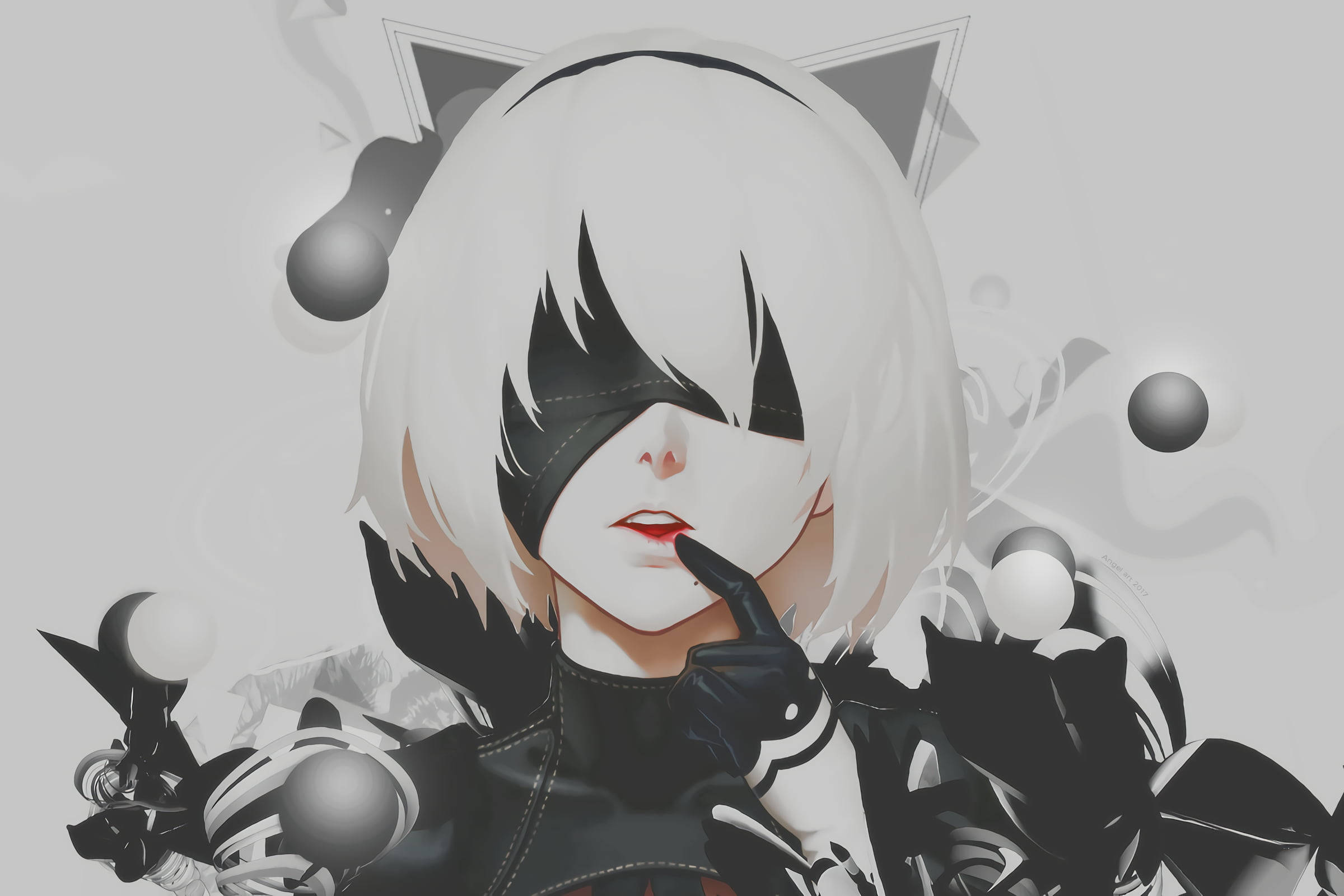Nier Automata 4K 桌布 壁紙 — 一個風格化的動漫女孩，白色頭髮和黑色貓耳，在極簡灰色背景上，手指放在嘴唇上，周圍有漂浮的球體。