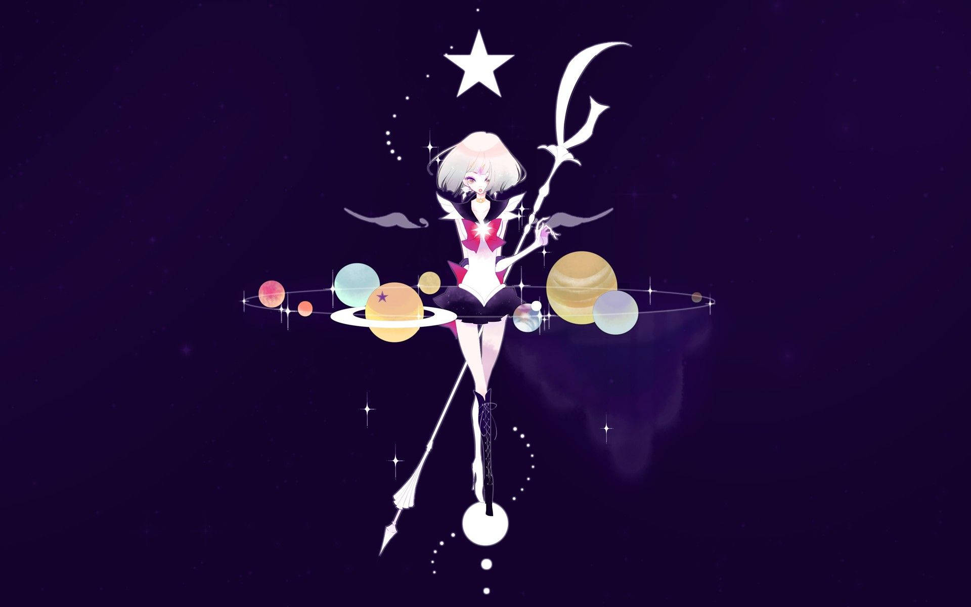 美少女戰士 桌布 壁紙 — 一個風格化的動漫女孩，白髮，在深紫色宇宙背景下，揮舞著新月杖，周圍漂浮著行星和星星。