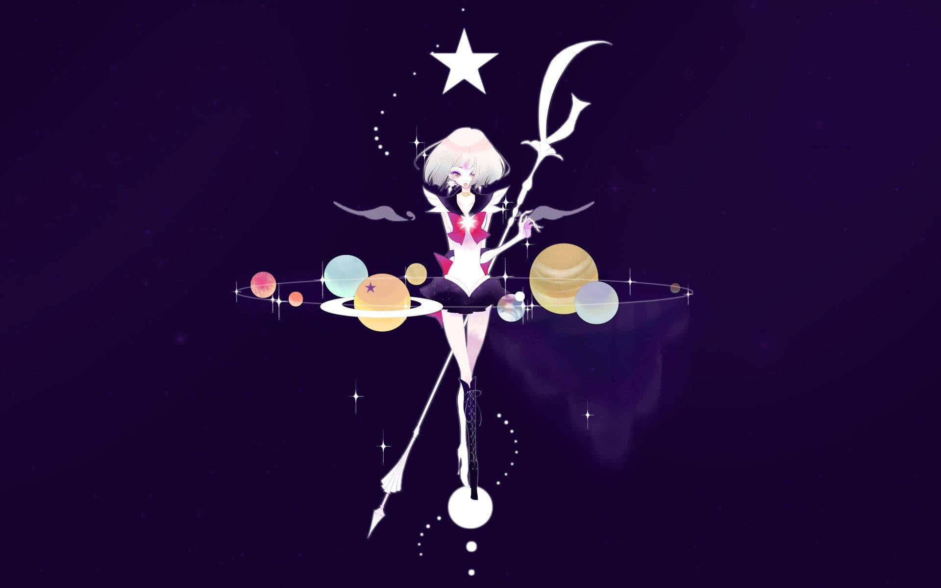 美少女戰士 桌布 壁紙 — 一個風格化的動漫女孩，白髮，在深紫色宇宙背景下，揮舞著新月法杖，周圍漂浮著行星和星星。