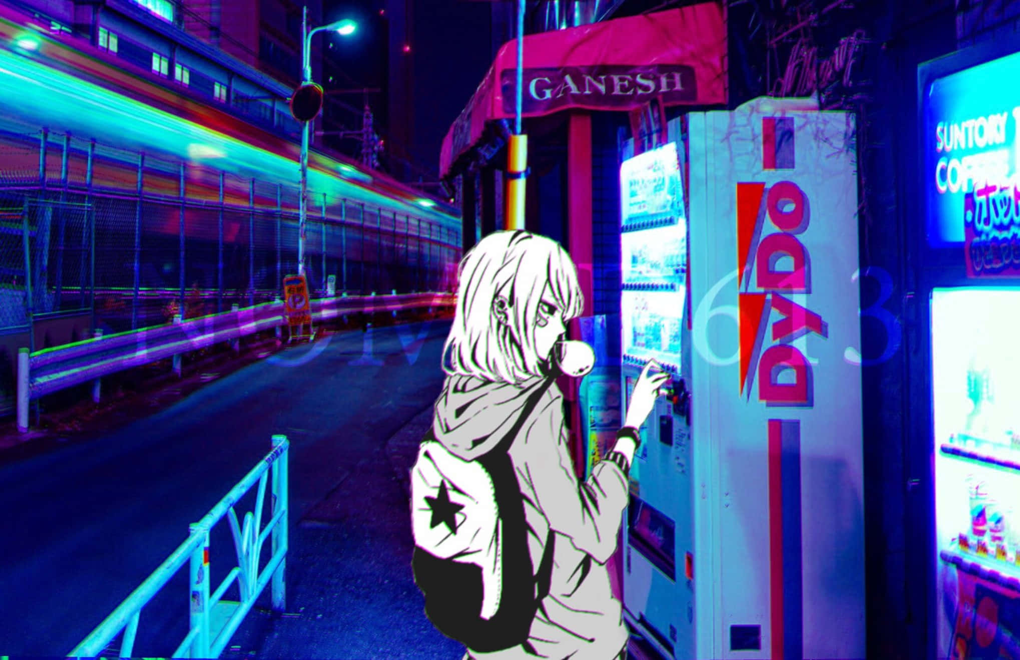 動漫 桌布 壁紙 — 一個風格化的動漫女孩，白髮，背著星星背包，站在一個發光的自動販賣機前，身處霓虹燈閃爍的都市夜景中。
