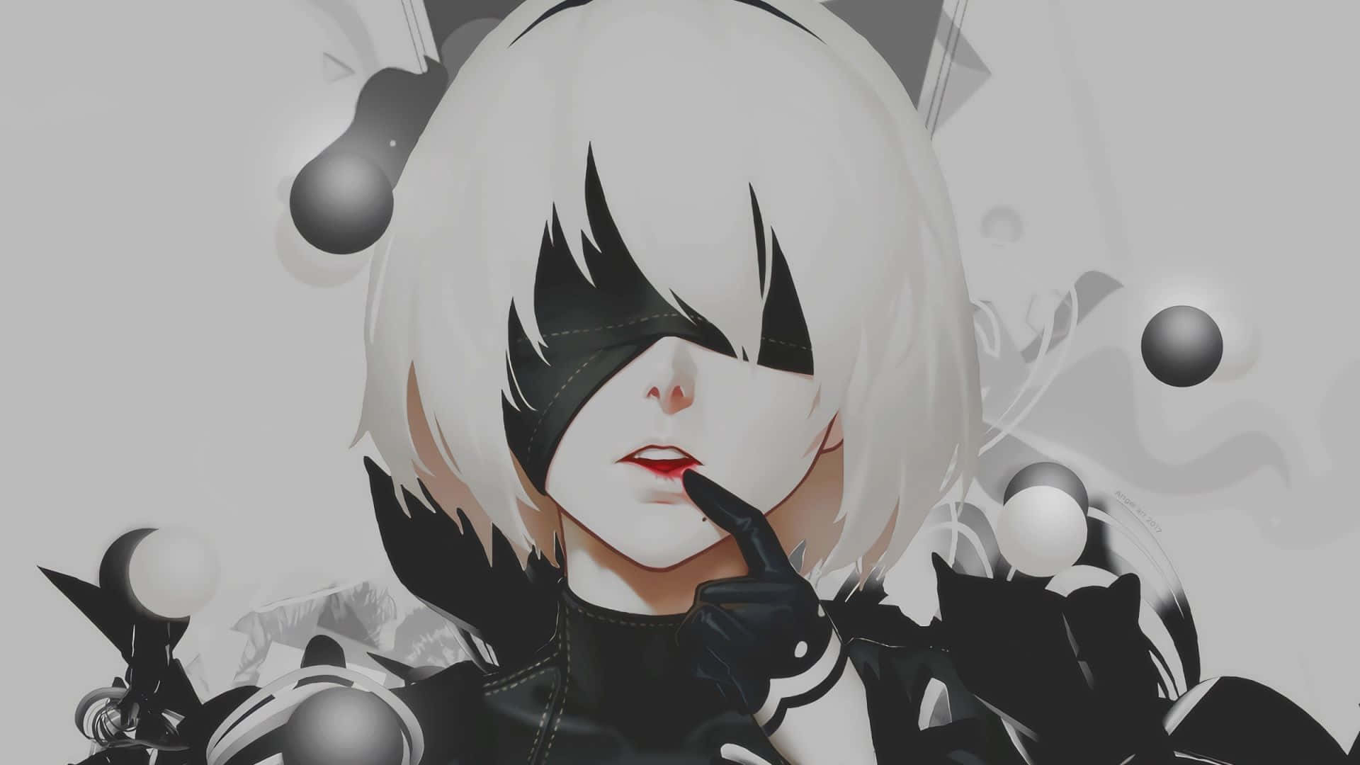 2B 桌布 壁紙 — 一個風格化的動漫女孩，白髮和黑色眼罩，手指放在嘴唇上，背景是抽象的灰色和漂浮的球體。