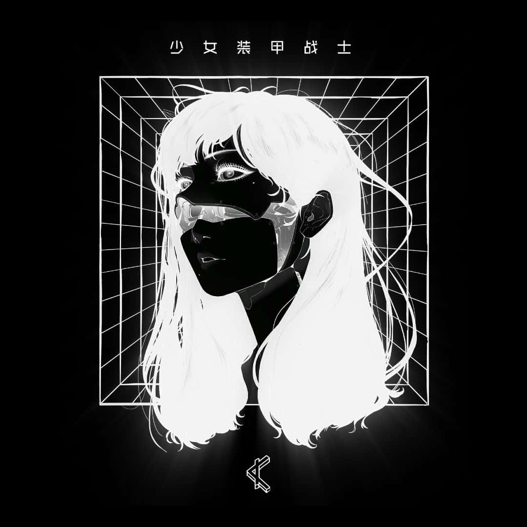 Bruh 桌布 壁紙 — 一個風格化的動漫女孩，白髮和黑色面具，在黑色背景上的網格立方體中發光。