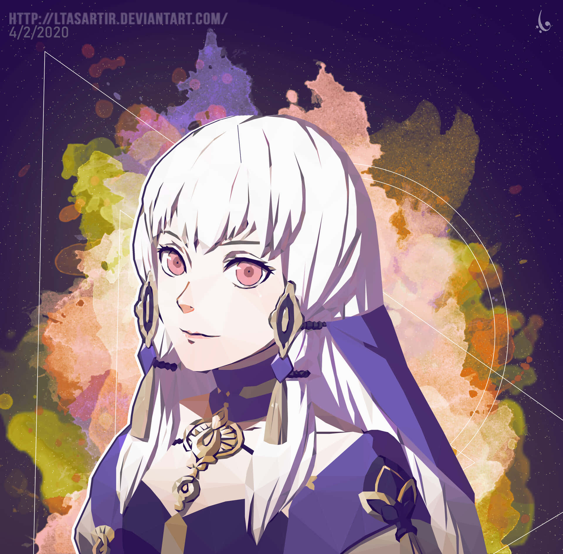 動漫女孩，白髮粉紅眼睛，紫色服裝，宇宙水彩背景。 — Fire Emblem Warriors 壁紙