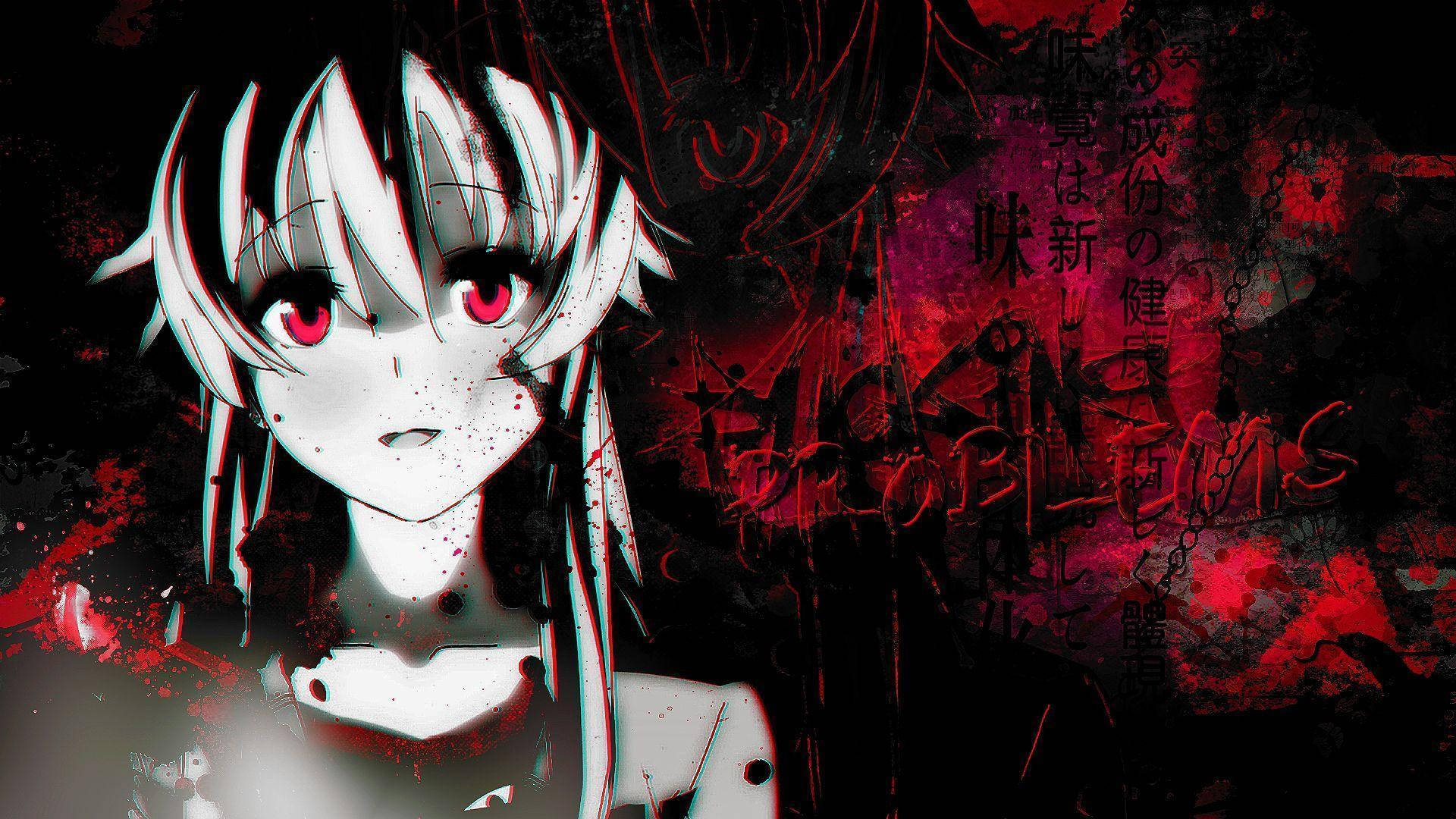 Yuno 桌布 壁紙 — 一個風格化的動漫女孩，白髮紅眼，在帶有日文的深紅色飛濺背景前直視前方。