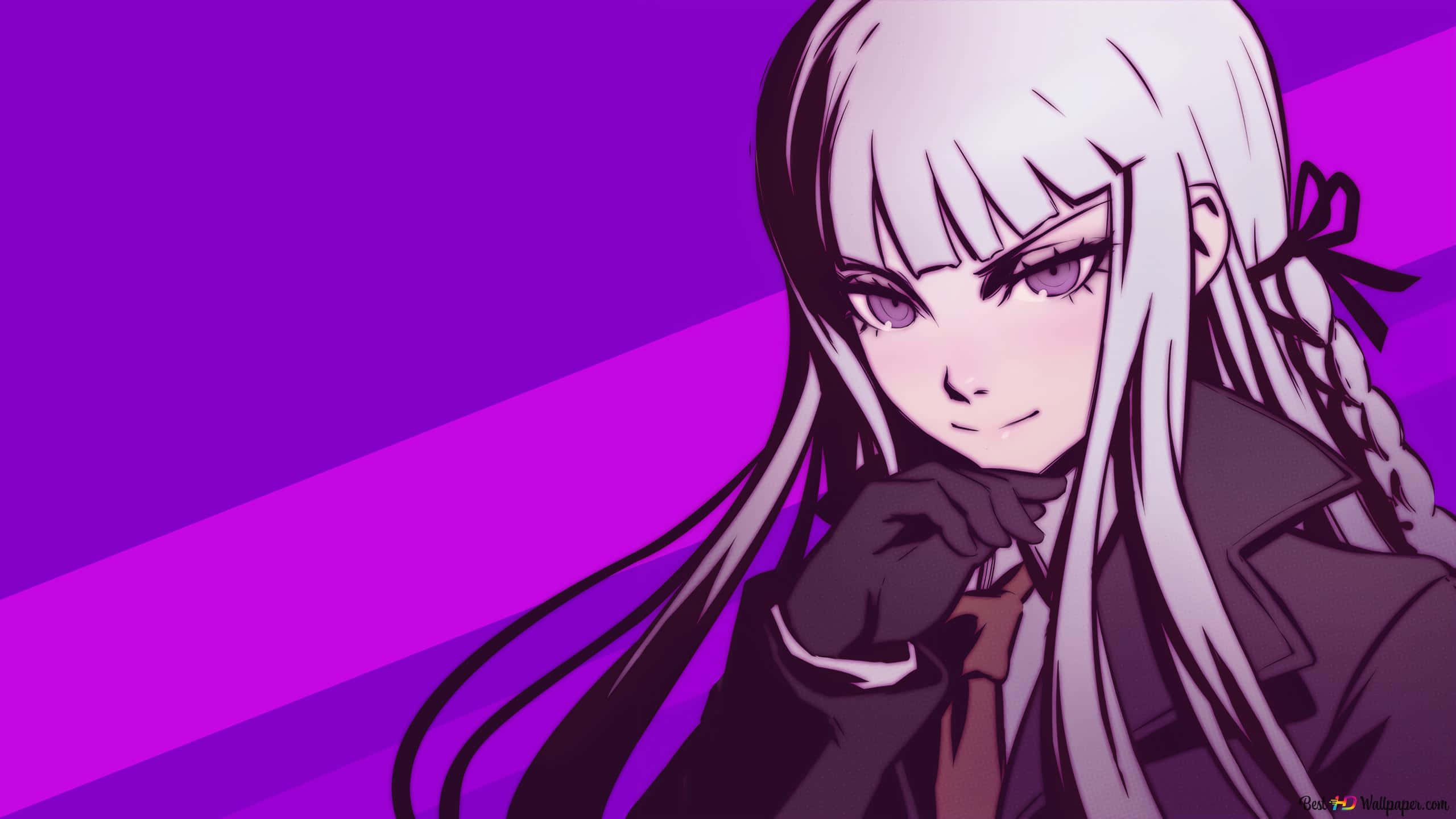 Purple Anime 桌布 壁紙 — 一個風格化的動漫女孩，白髮紫眼，在充滿活力的紫色漸變背景前擺姿勢。