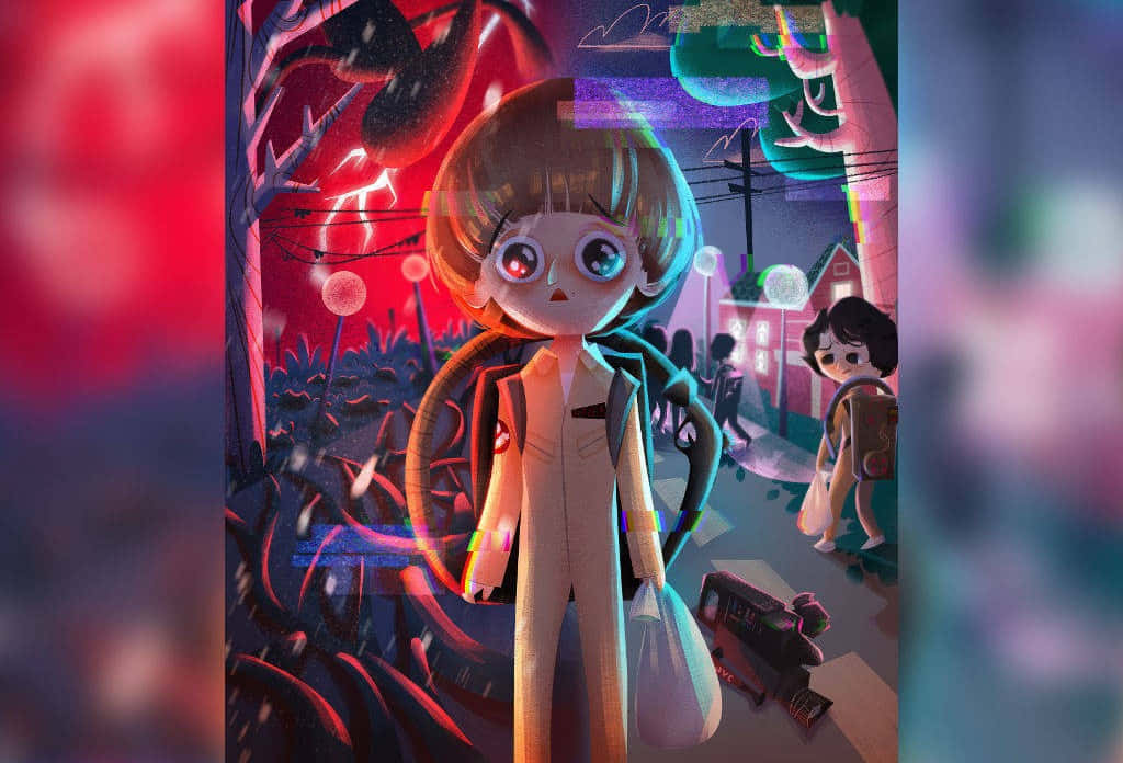 美學藝術 桌布 壁紙 — 一個風格化的動漫女孩，眼睛發光，在夜晚走過一條超現實的霓虹燈街道，帶有故障效果和漂浮的球體。