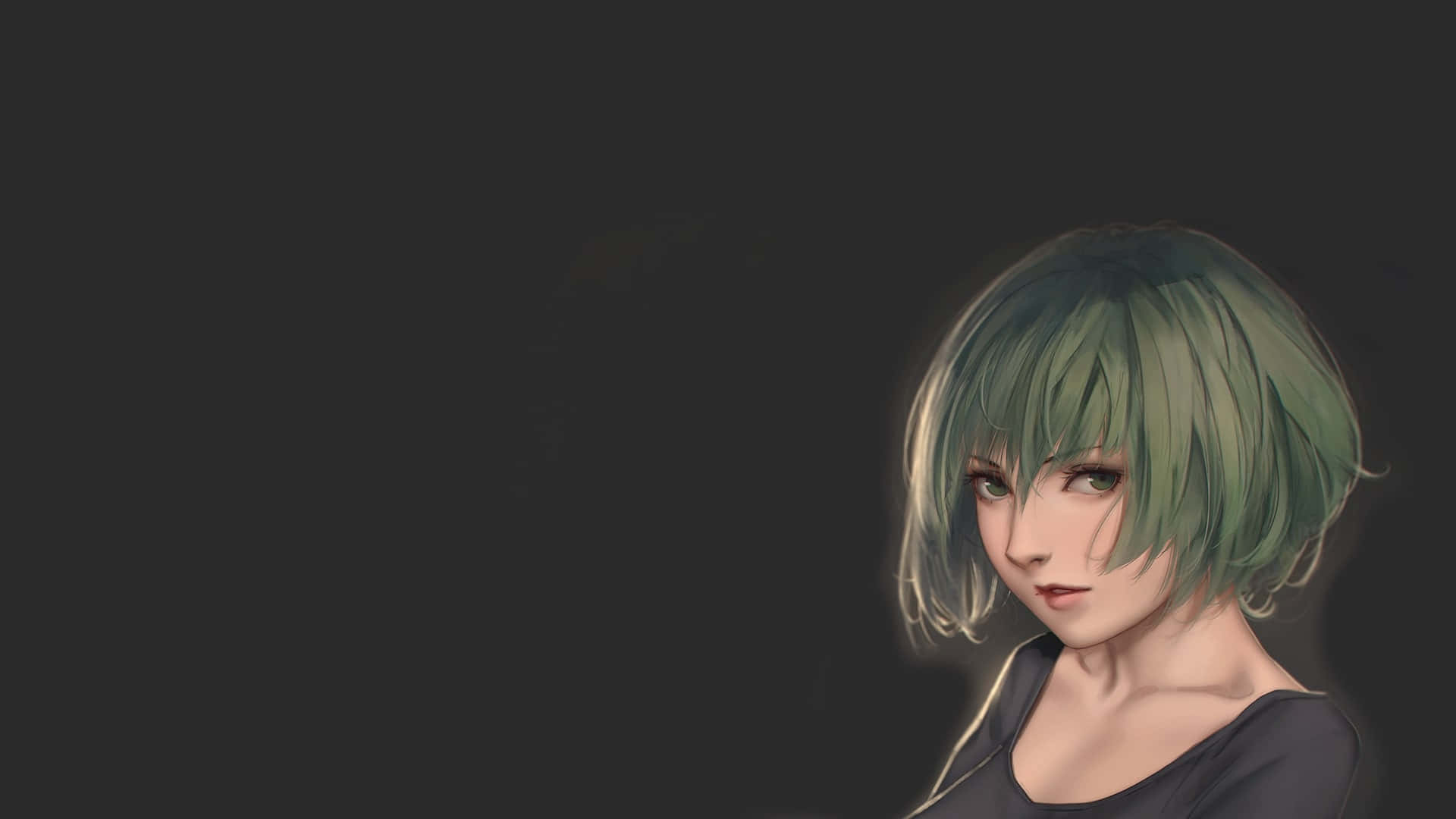 Eto Yoshimura 桌布 壁紙 — 一個風格化的動漫女孩，短綠色頭髮，在黑暗背景下溫柔地凝視。
