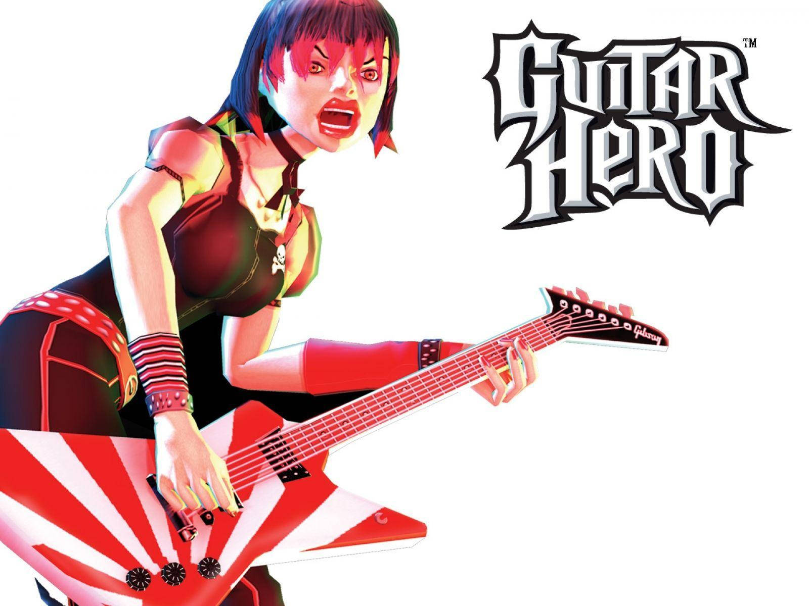 在Guitar Hero遊戲中彈奏紅白電吉他的動漫女孩。 — 吉他英雄 壁紙