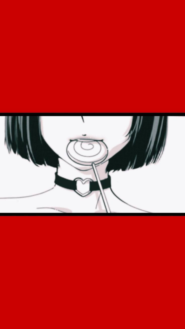 動漫 桌布 壁紙 — 一個風格化的動漫女孩，短黑髮，戴著心形頸鏈，在鮮紅色的背景上咬著螺旋棒棒糖。