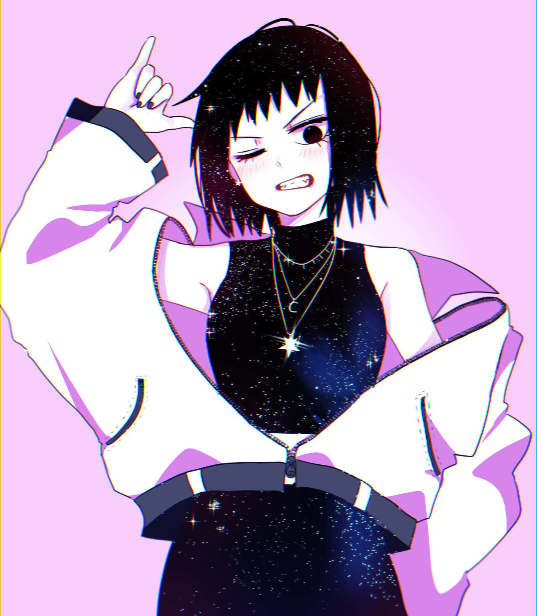 Tome Kurata 桌布 壁紙 — 一個風格化的動漫女孩，短黑髮和星星裝扮，在發光的粉紅色背景前自信地擺姿勢。
