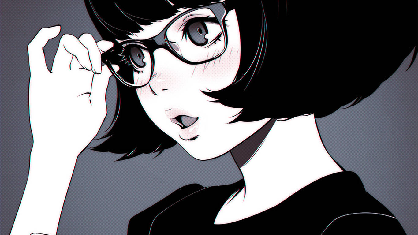 Edgy 桌布 壁紙 — 一個風格化的動漫女孩，短黑髮戴眼鏡，在灰色半色調背景前以驚訝的表情調整眼鏡框。