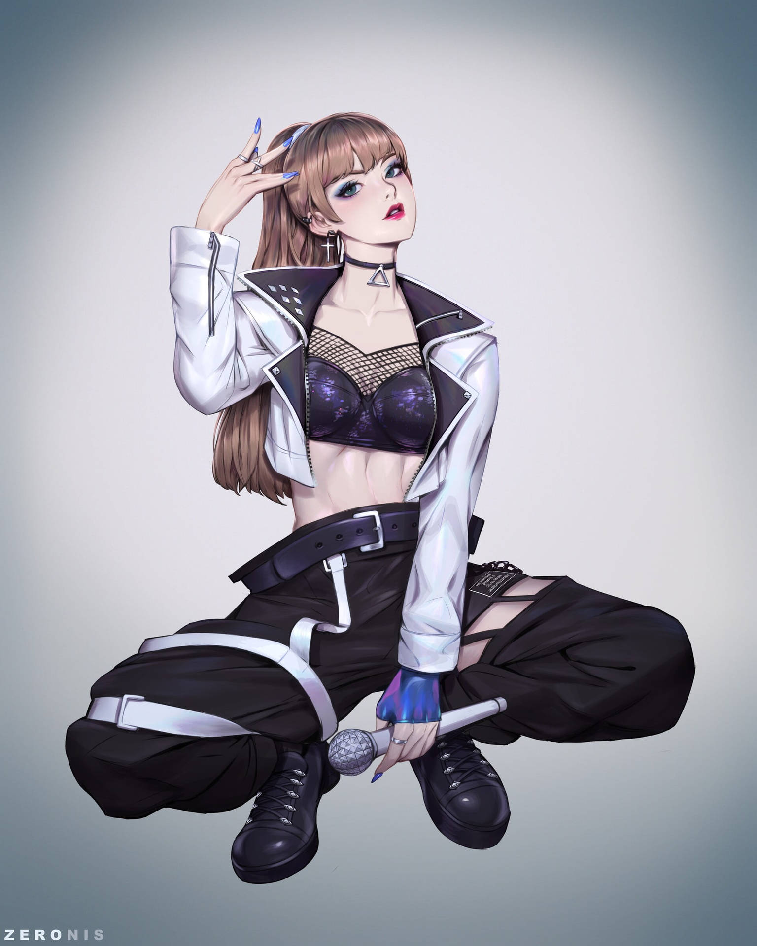 動漫女孩穿著前衛服裝，藍色指甲拿著麥克風。 — BLACKPINK Lisa GIF 壁紙