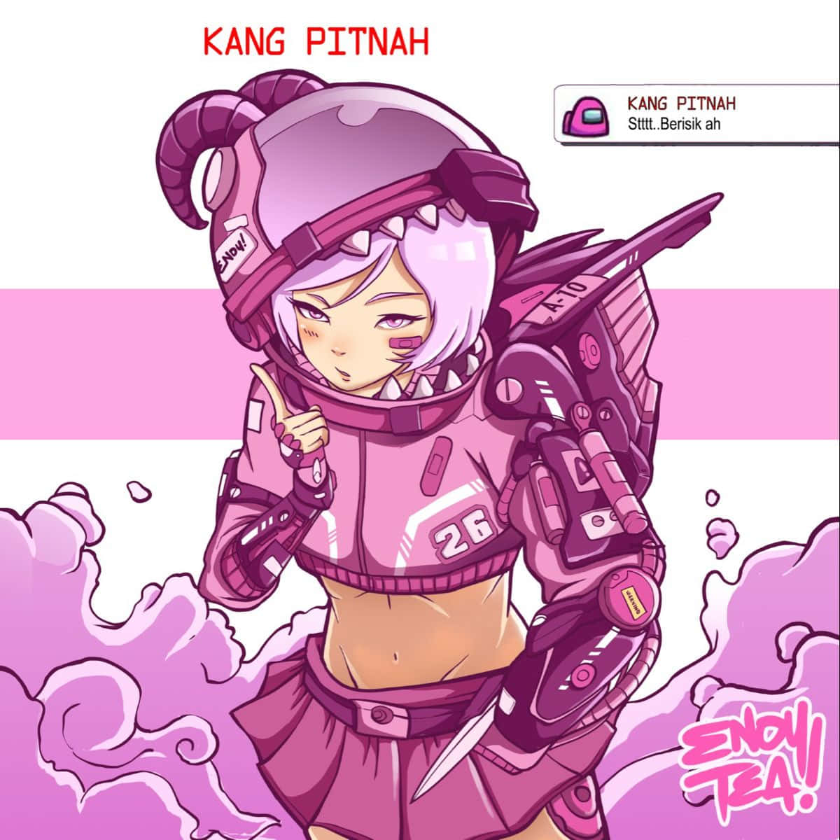 Among US Pink 桌布 壁紙 — 一個風格化的動漫女孩，穿著粉紅色未來太空服，頭上有角，手持刀，站在旋轉的粉紅色雲朵中。