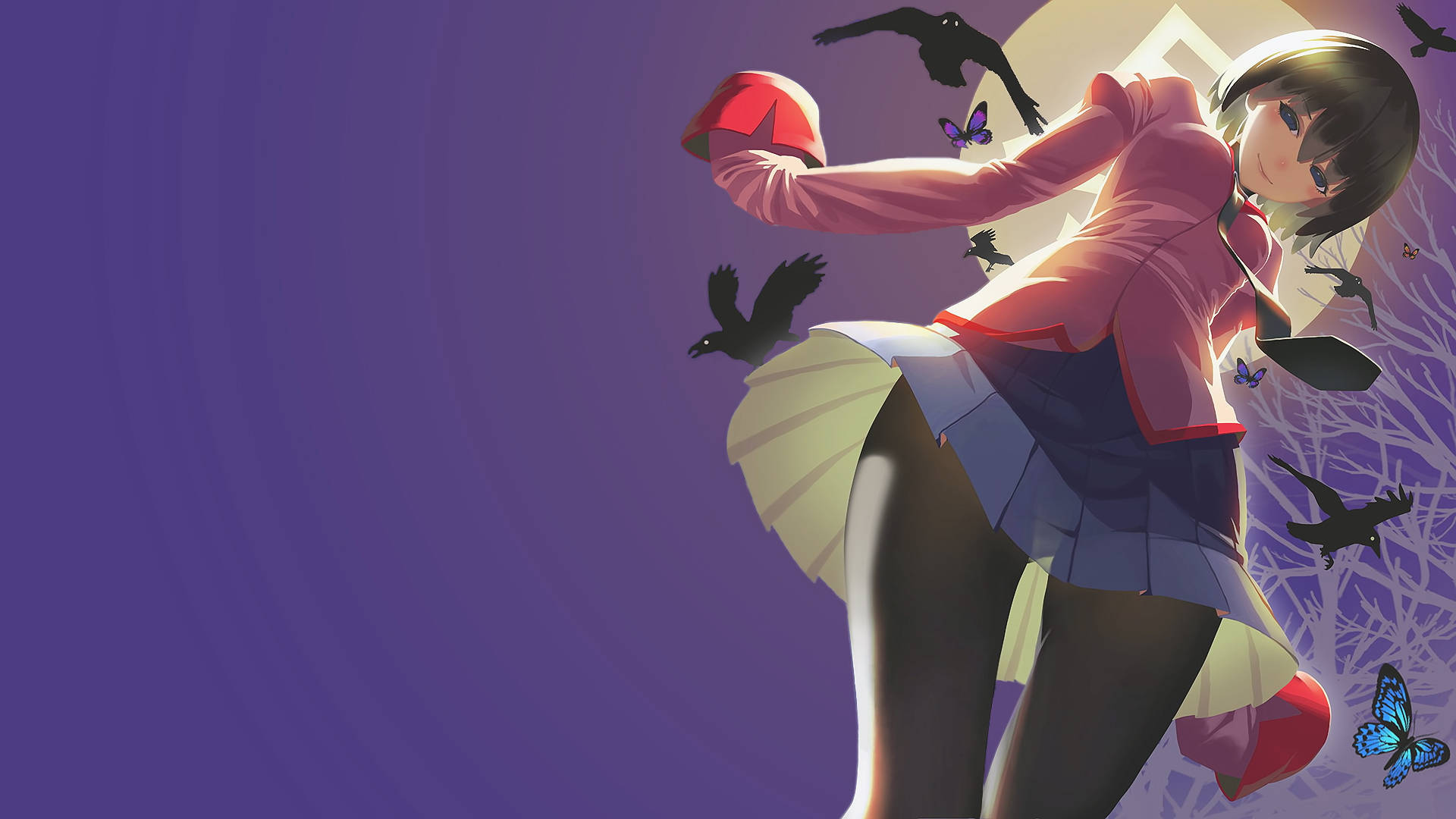 Monogatari 桌布 壁紙 — 一個風格化的動漫女孩，穿著粉紅色外套和裙子，在旋轉的紫色背景中踢腿，周圍有黑色的鳥和蝴蝶。