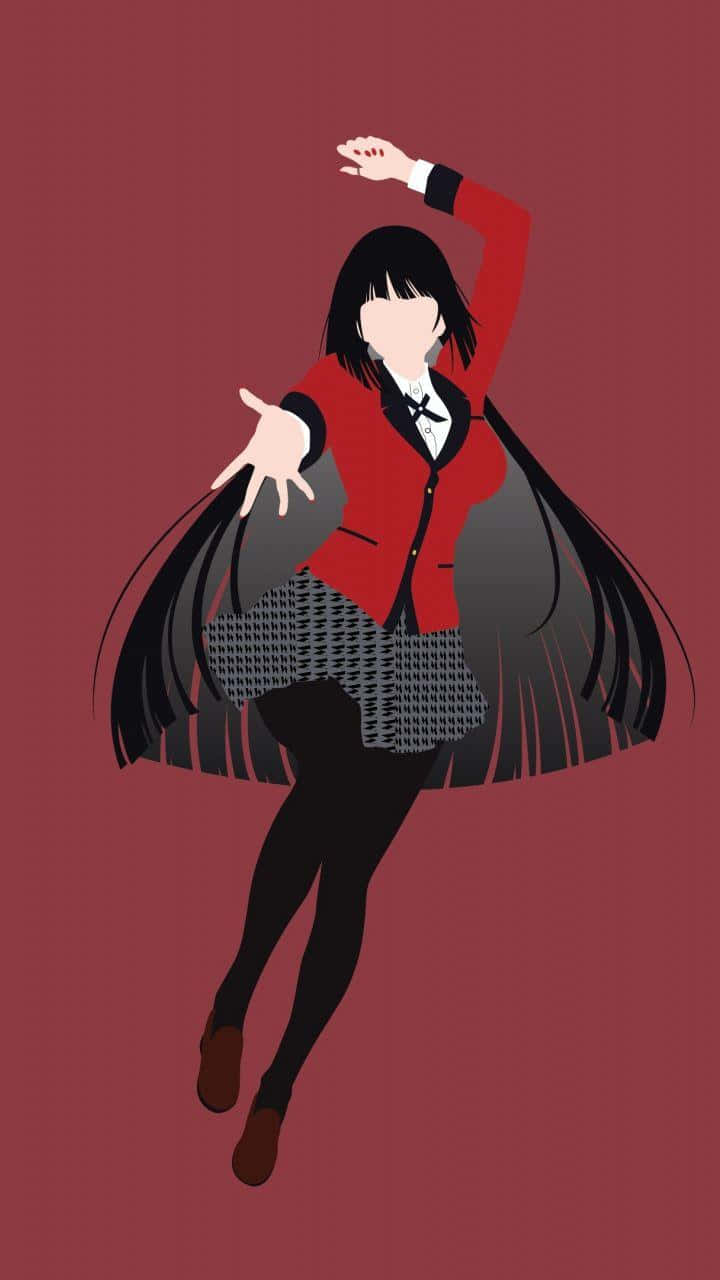 動漫 桌布 壁紙 — 一個風格化的動漫女孩，穿著紅色外套和黑色裙子，在純栗色背景上動感地跳舞。